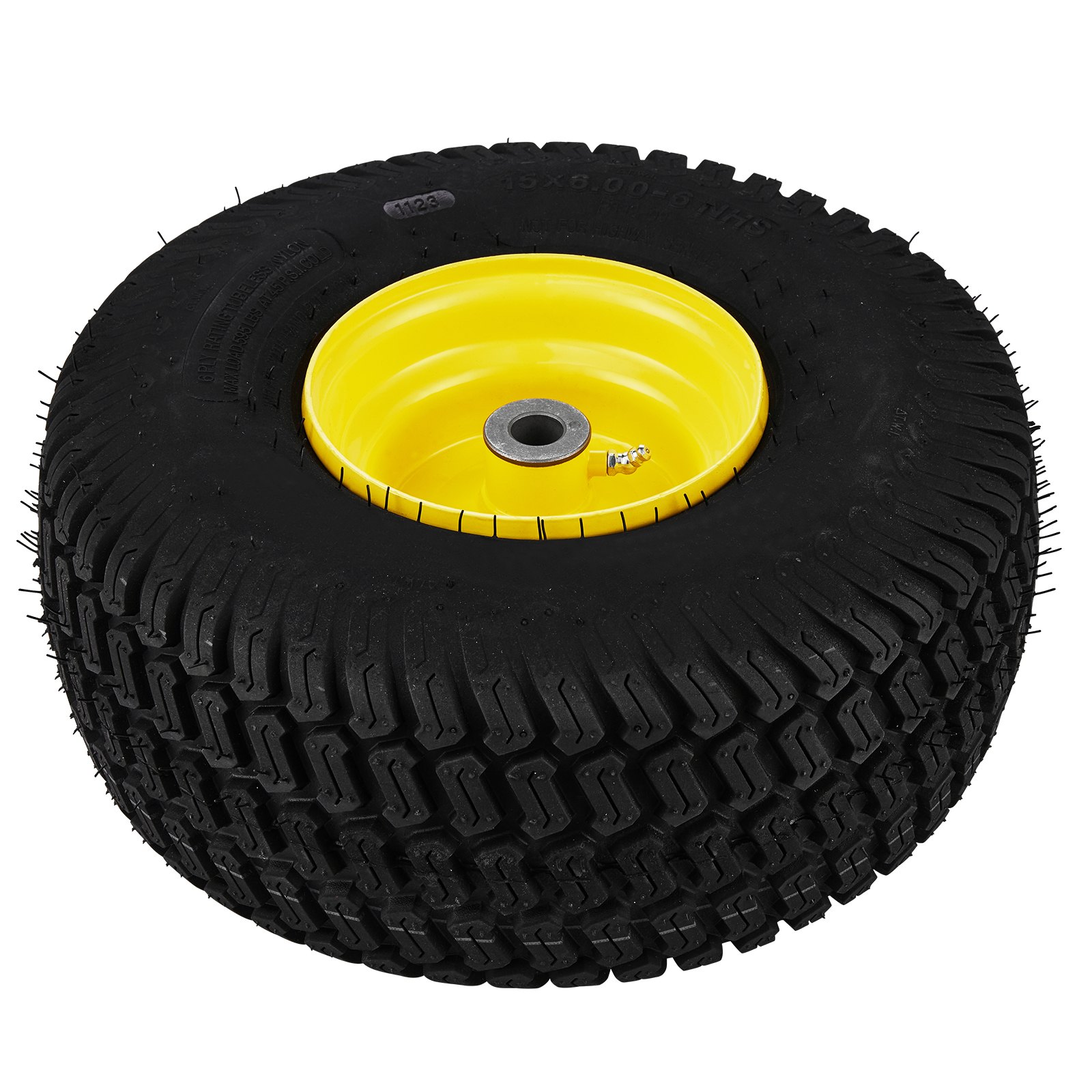 Neumático para cortadora de césped VEVOR con borde amarillo, detalle de banda de rodadura y buje central.
