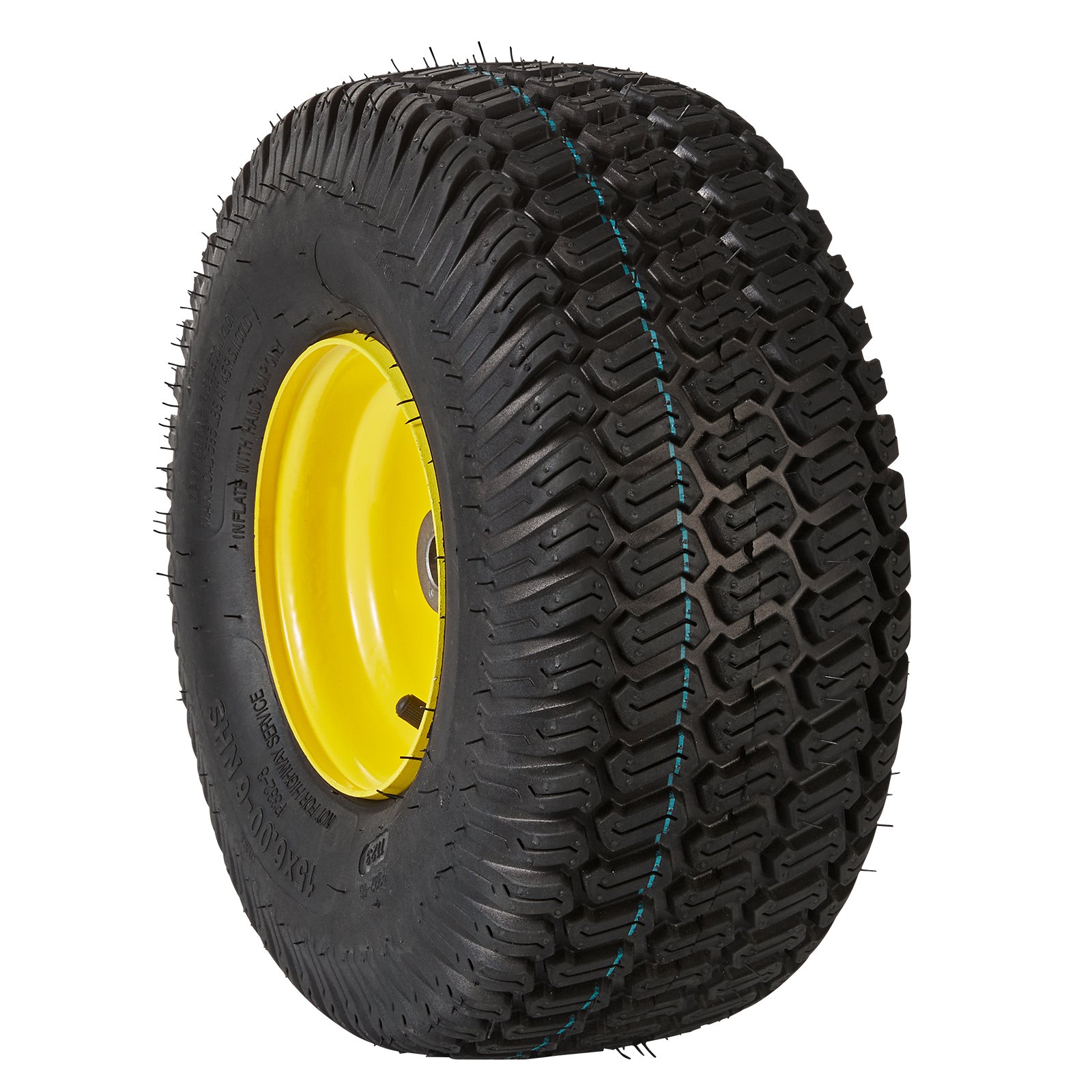 Neumático para cortadora de césped VEVOR de color negro con llanta amarilla que presenta un dibujo de banda de rodadura prominente y detalles en las paredes laterales.