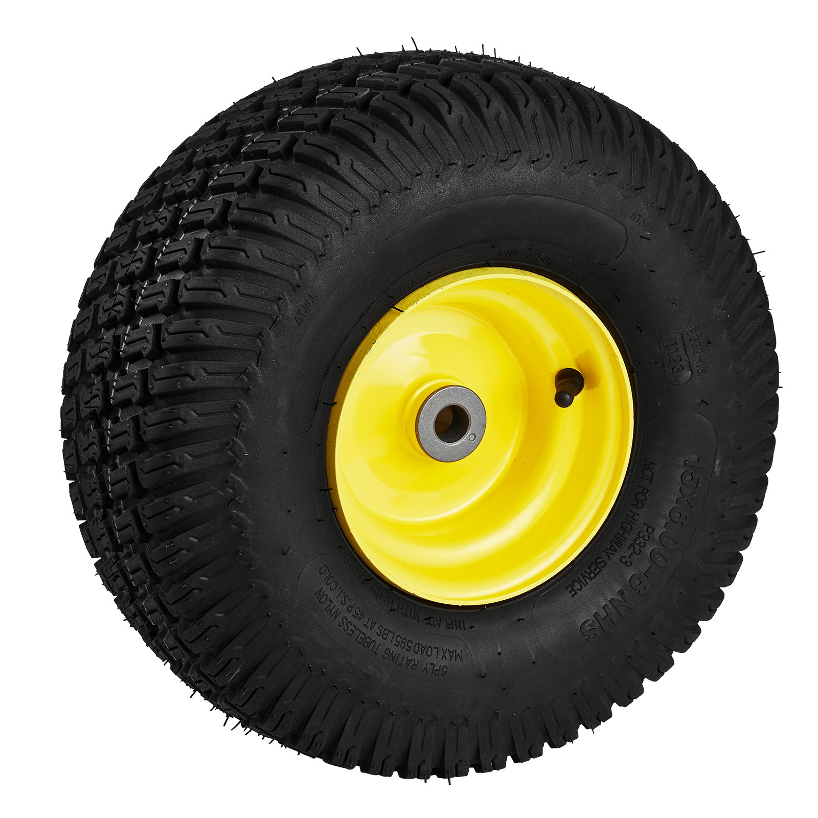 Neumático para cortadora de césped VEVOR con llanta amarilla y dibujo de banda de rodadura de color negro intenso para una tracción óptima.