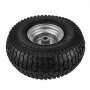 Neumático para cortadora de césped VEVOR con una banda de rodadura negra resistente y borde plateado sobre un fondo blanco.