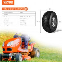 VEVOR Neumáticos para cortacésped, neumáticos para tractor de césped de 15 x 6-6 pulgadas, paquete de 2 conjuntos de neumáticos y ruedas, neumáticos para césped con cubo centrado de 3 pulgadas y tamaño de buje de 3/4 pulgadas, 16 adaptadores para cortacésped, tractores de césped