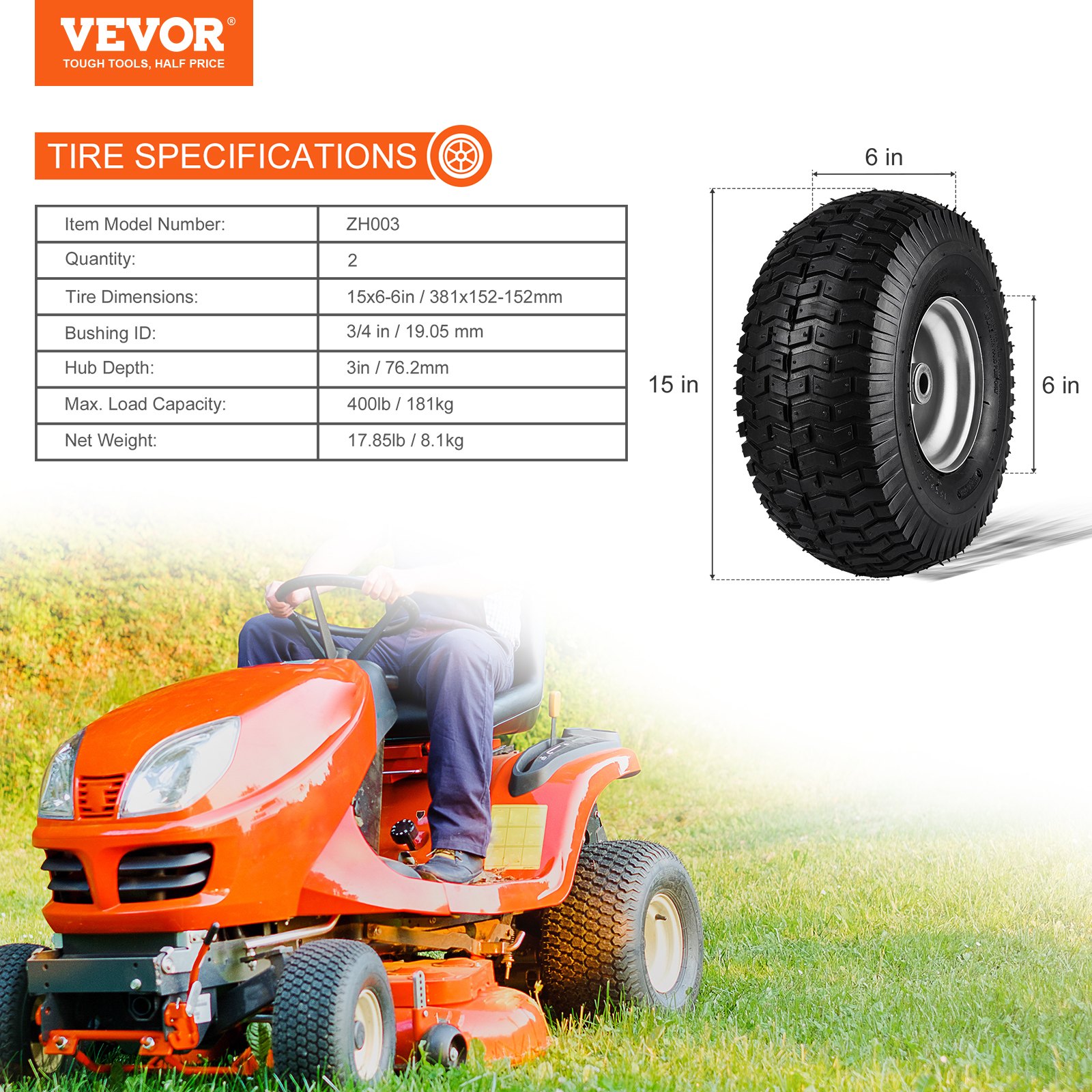 Especificaciones de neumáticos para cortadora de césped VEVOR y una persona conduciendo una cortadora de césped naranja sobre el césped.