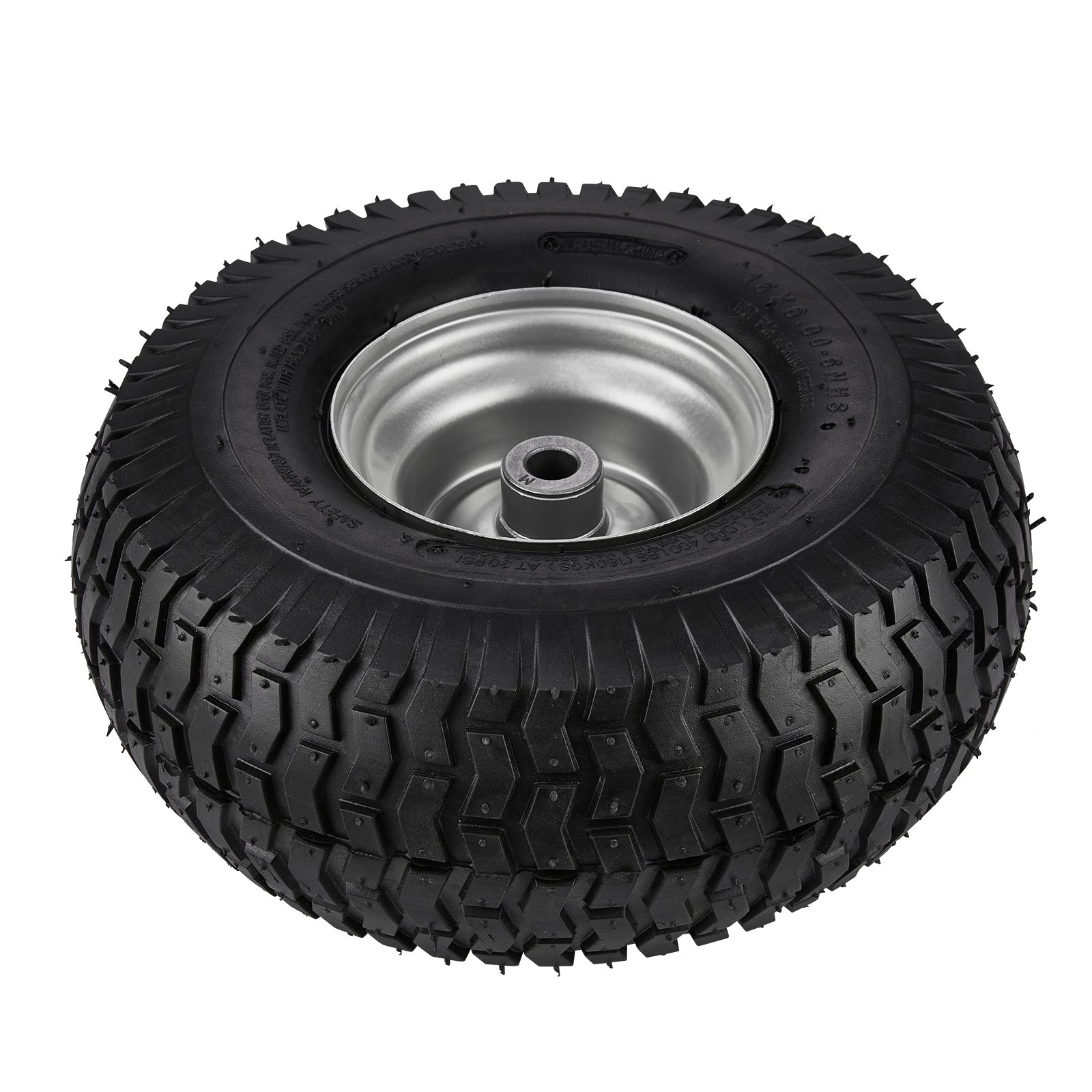 Neumático para cortadora de césped VEVOR con una banda de rodadura negra resistente y borde plateado sobre un fondo blanco.