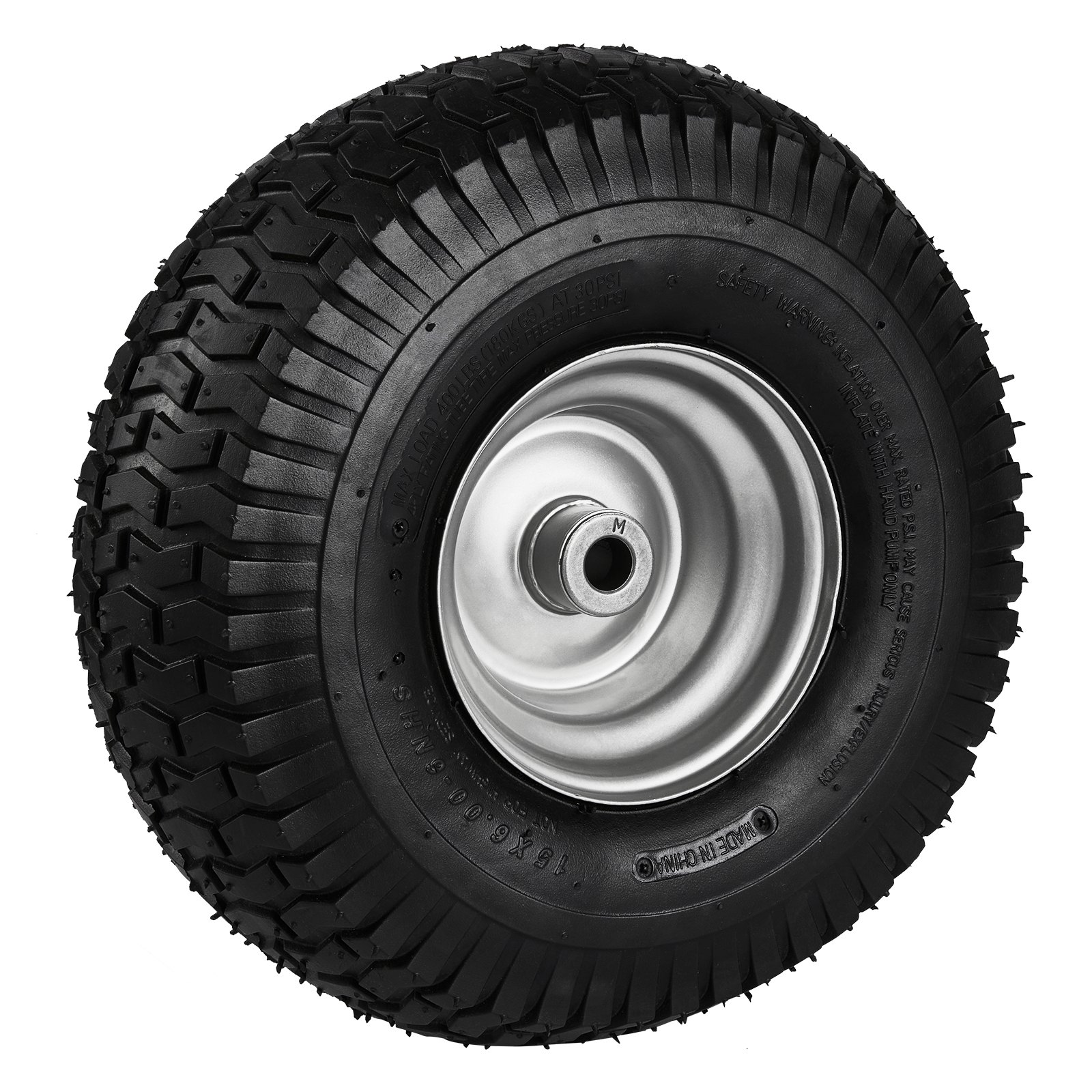 Neumático para cortadora de césped VEVOR de color negro con banda de rodadura robusta y cubo de rueda metálico.