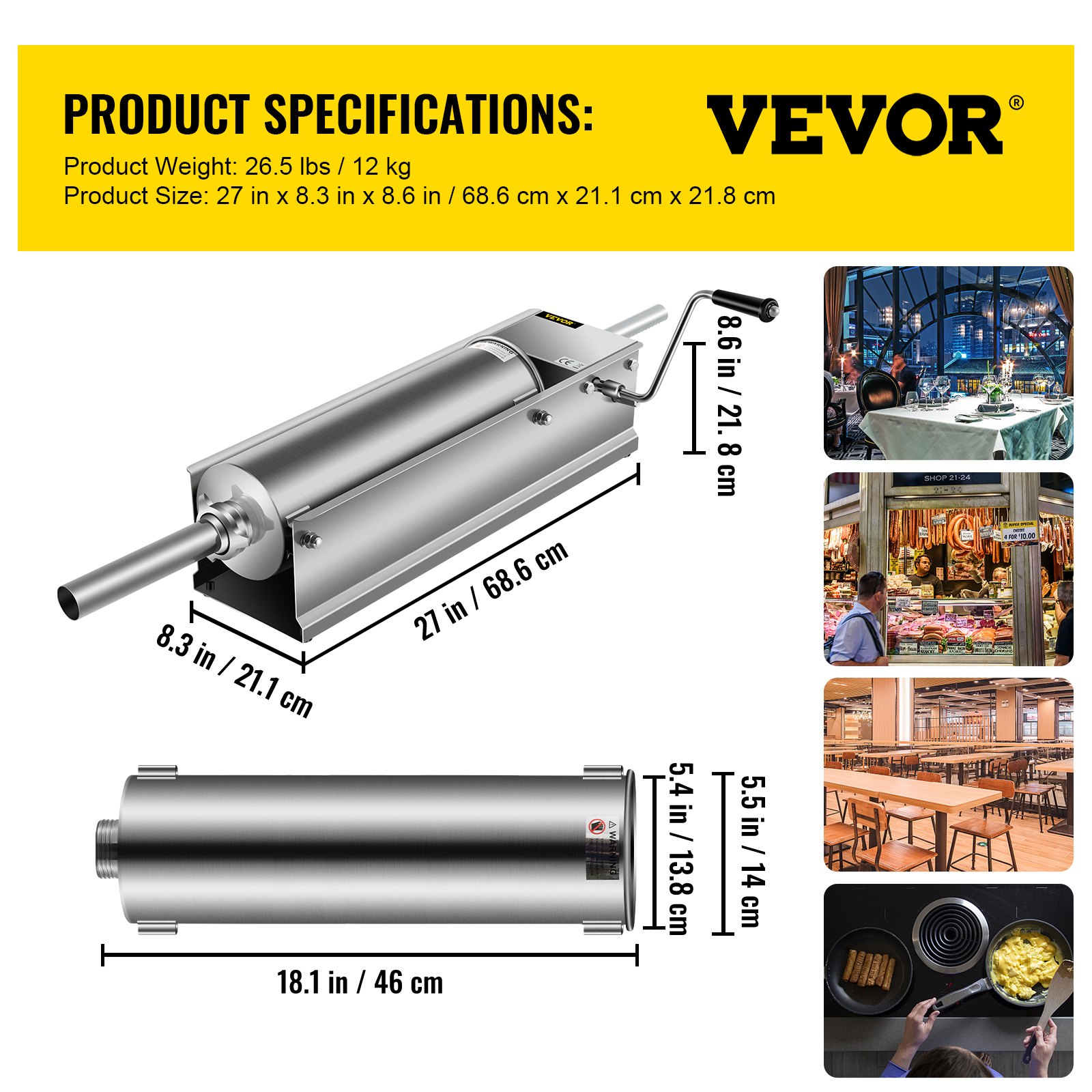 Especificaciones del producto embutidora de salchichas VEVOR y escenarios de uso.