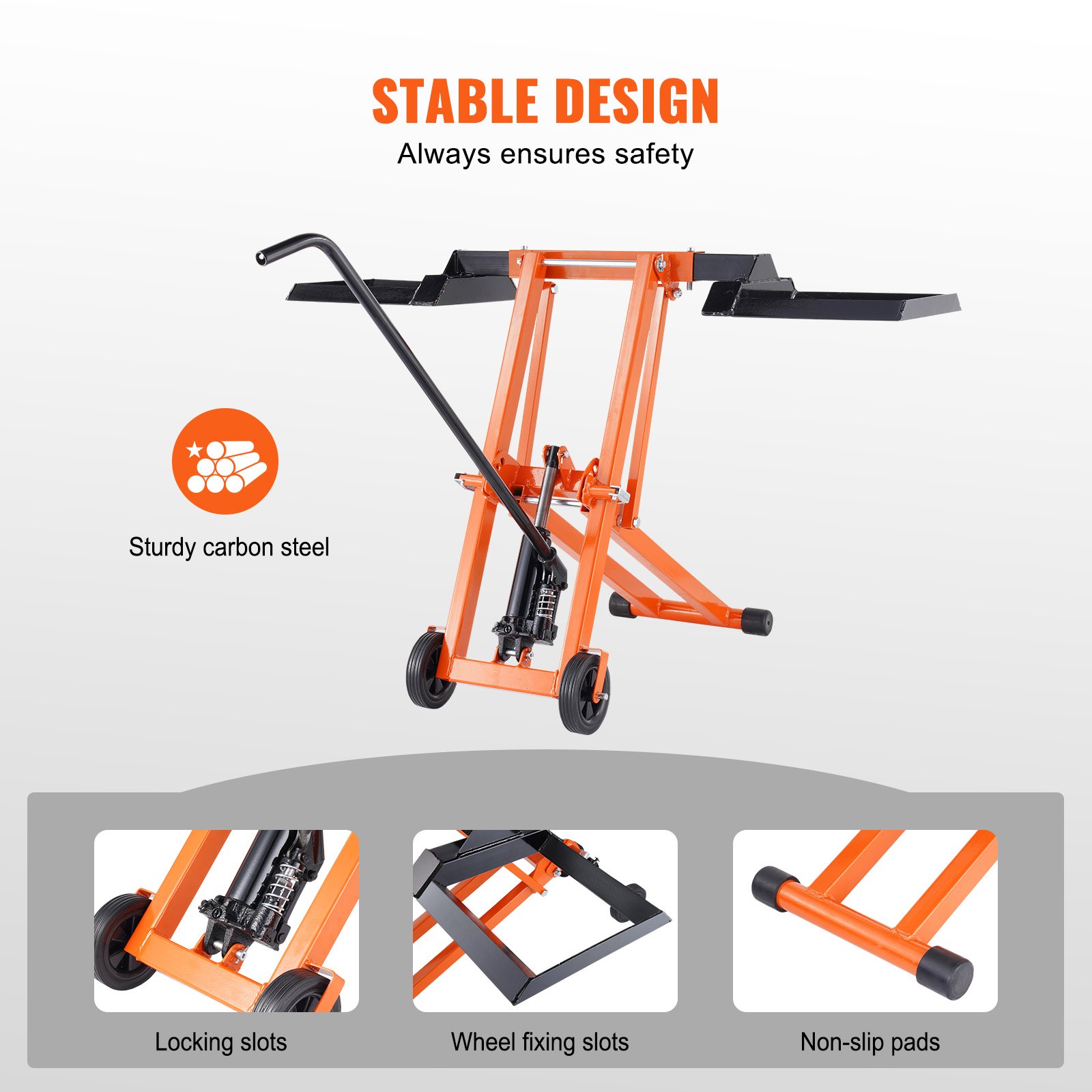 Elevador para cortacésped VEVOR con gato hidráulico, capacidad de peso de 227 kg, elevador de acero al carbono macizo, elevador móvil ajustable para tractores y cortacéspedes de giro cero, color naranja