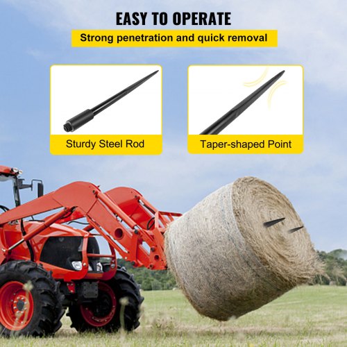 VEVOR Hay Spears, 49 pulgadas Hay Bale Spear, 3000lbs Bale Hay Spike, 1.75 pulgadas de ancho Spike Fork Dine, Black Coated Hay Spears Attachment with Sleeve and Nut, 1 par para tractores cargadores cubos Skid-steers