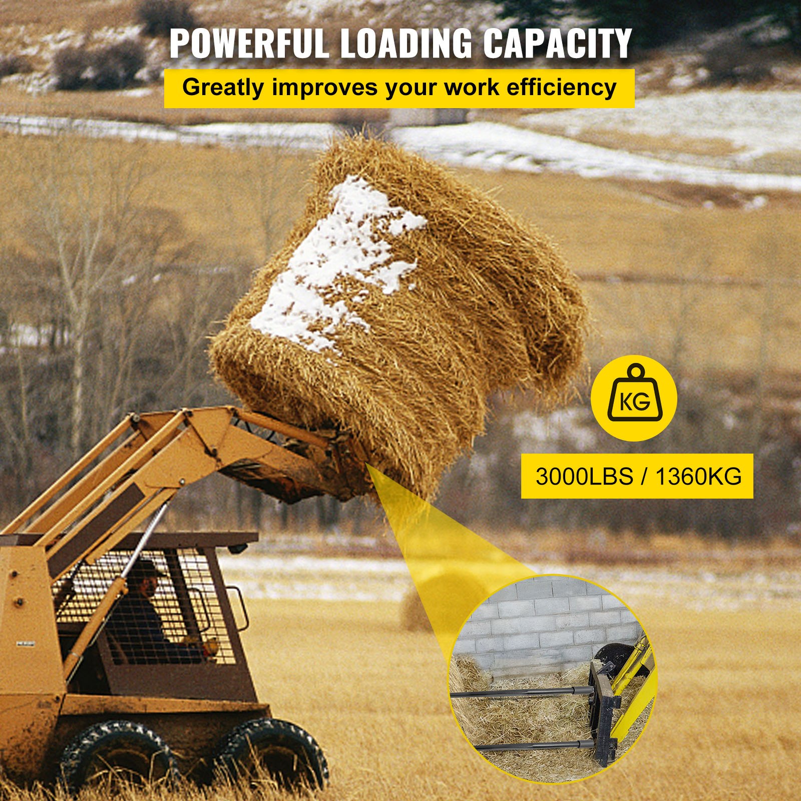 Minicargadora que levanta pacas de heno con lanzas de heno VEVOR, capacidad de 3000 lb/1360 kg.