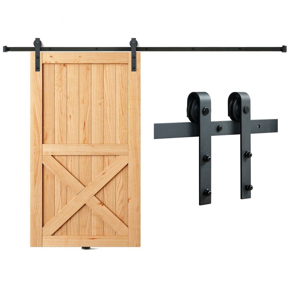 Kit de herrajes para puertas corredizas de granero VEVOR con puerta de madera y sistema de riel de metal negro resistente.