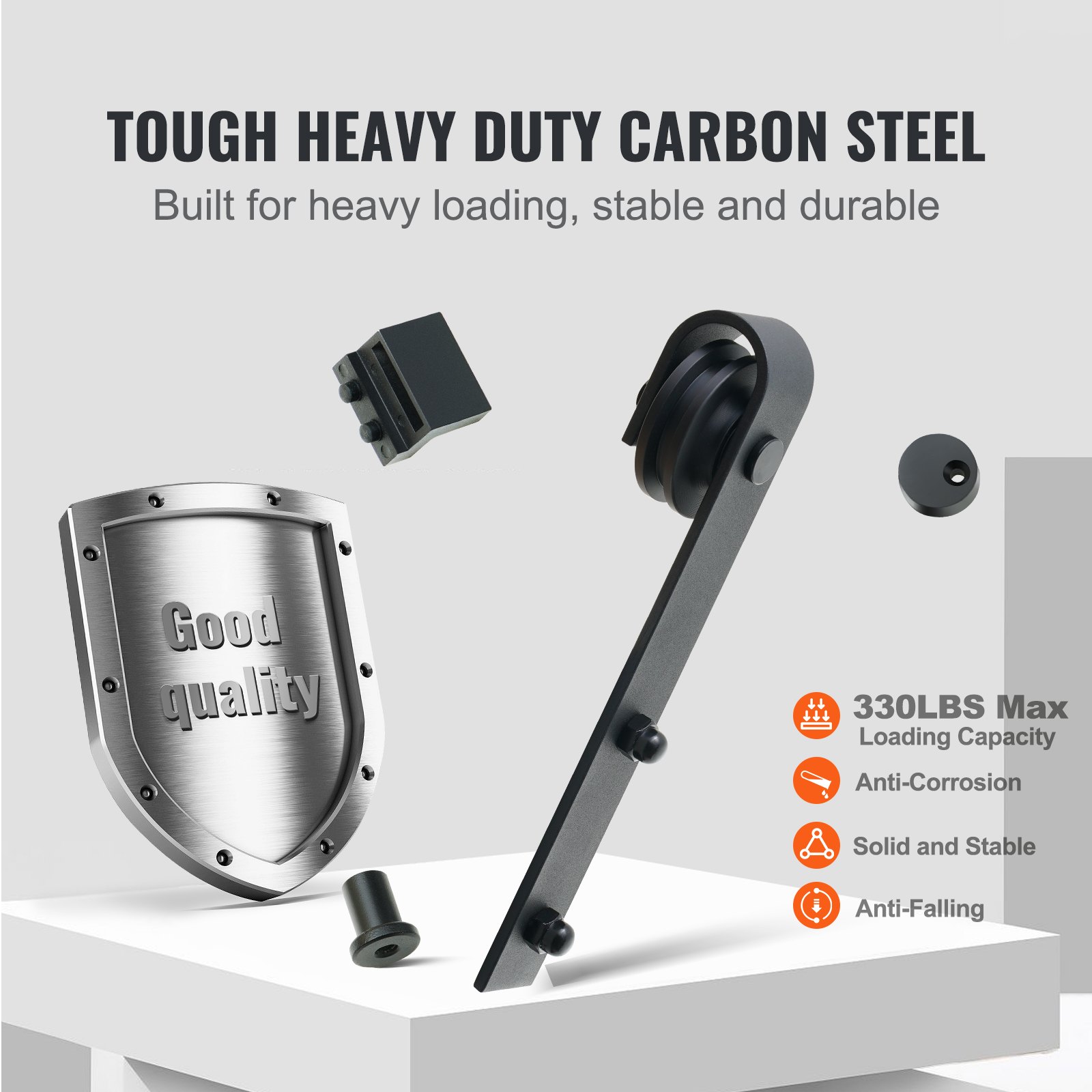 VEVOR - Kit de herrajes para puerta corrediza de granero de 2,4 m (8 pies), riel resistente de 150 kg (330 lb) para una sola puerta, compatible con paneles de 1,1 a 1,3 m (3,3 a 1,6 m) de ancho y 3 a 4,6 cm (1,3 a 1,8 pulgadas) de grosor, con polea suave y silenciosa (forma de J)