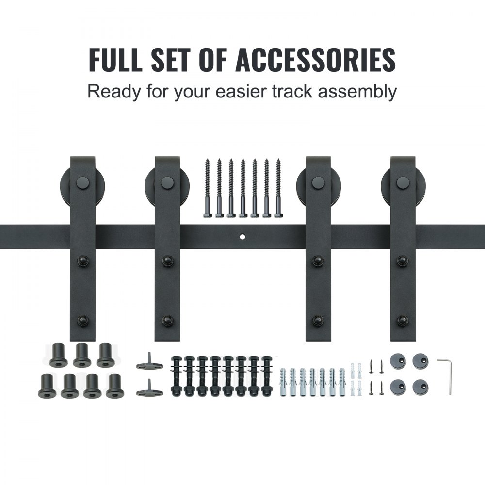 Kit de herrajes para puertas corredizas de granero VEVOR con conjunto completo de accesorios para un fácil montaje de rieles.