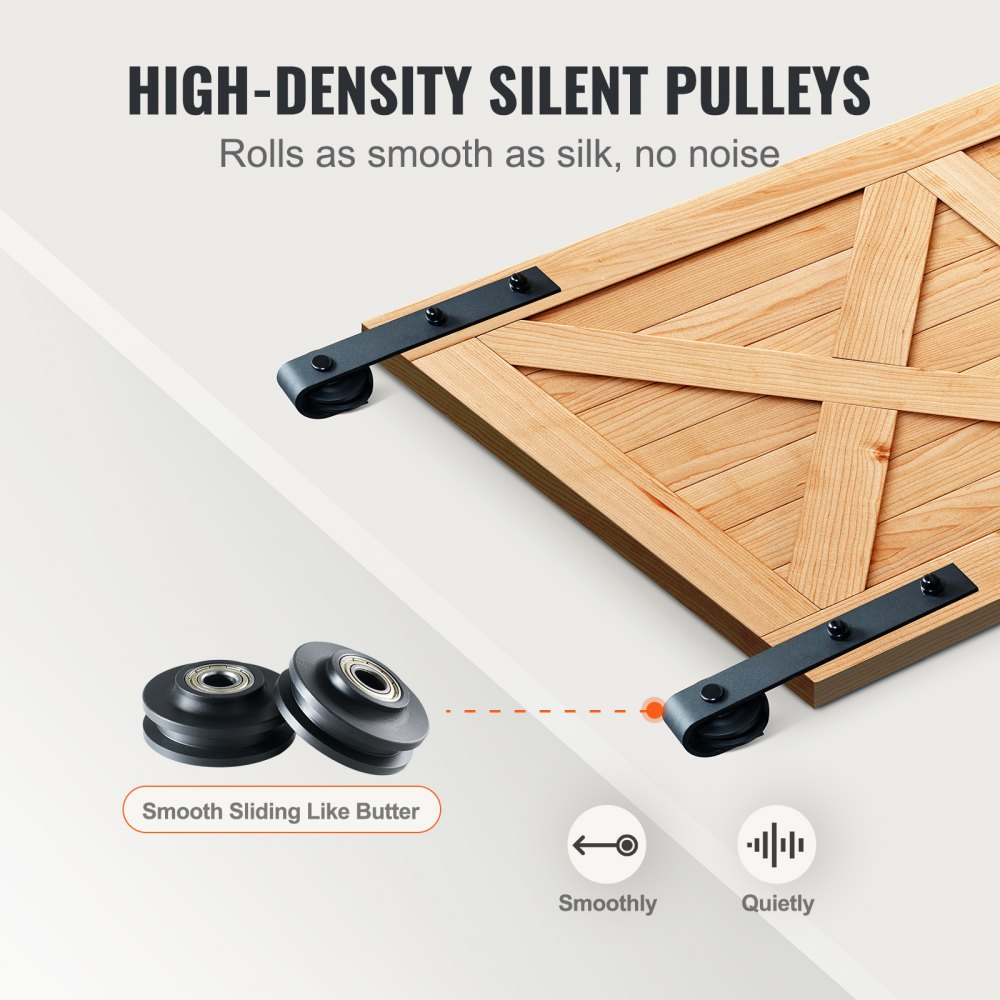 Kit de herrajes para puertas corredizas de granero VEVOR con poleas silenciosas de alta densidad para un funcionamiento suave y silencioso.