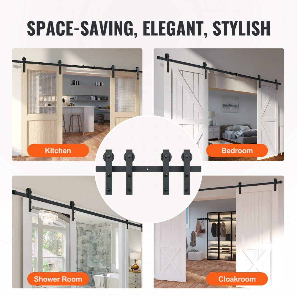 Kit de herrajes para puertas corredizas de granero VEVOR en configuraciones de cocina, dormitorio, baño y guardarropa.