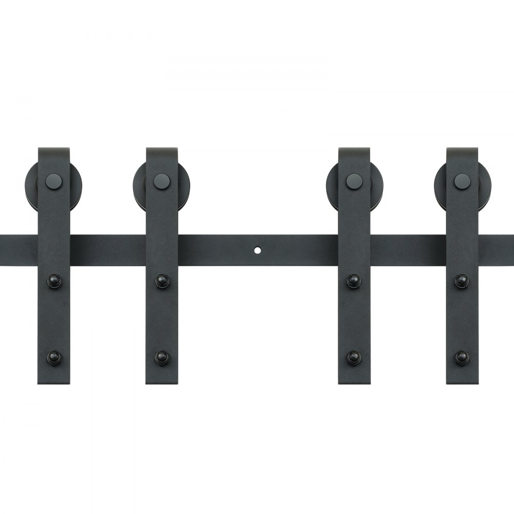 Kit de herrajes para puertas corredizas de granero VEVOR con cuatro rodillos negros resistentes y soportes en un riel horizontal.
