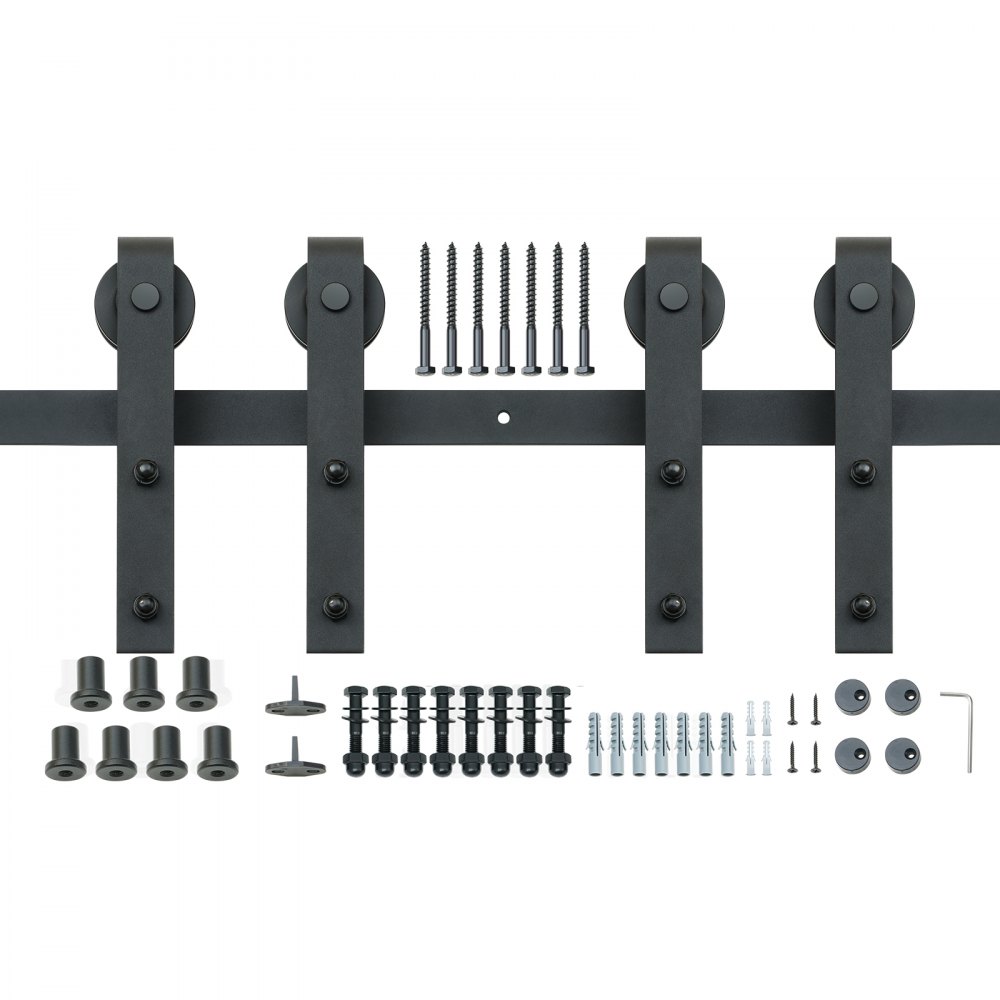 Kit de herrajes para puerta corrediza de granero VEVOR color negro con tornillos, pernos, arandelas y rodillos para puerta.