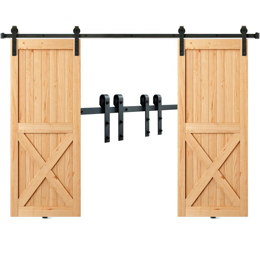 VEVOR - Kit de herrajes para puertas corredizas de granero de 2,4 m (8 pies), riel resistente de 150 kg (330 lb) para puertas dobles, compatible con paneles de 2 puertas de 1,1 a 1,3 m (3,3 a 1,6 cm) de ancho total y 3 a 4,6 cm (1,3 a 1,8 pulgadas) de grosor, con polea suave y silenciosa (forma de J)