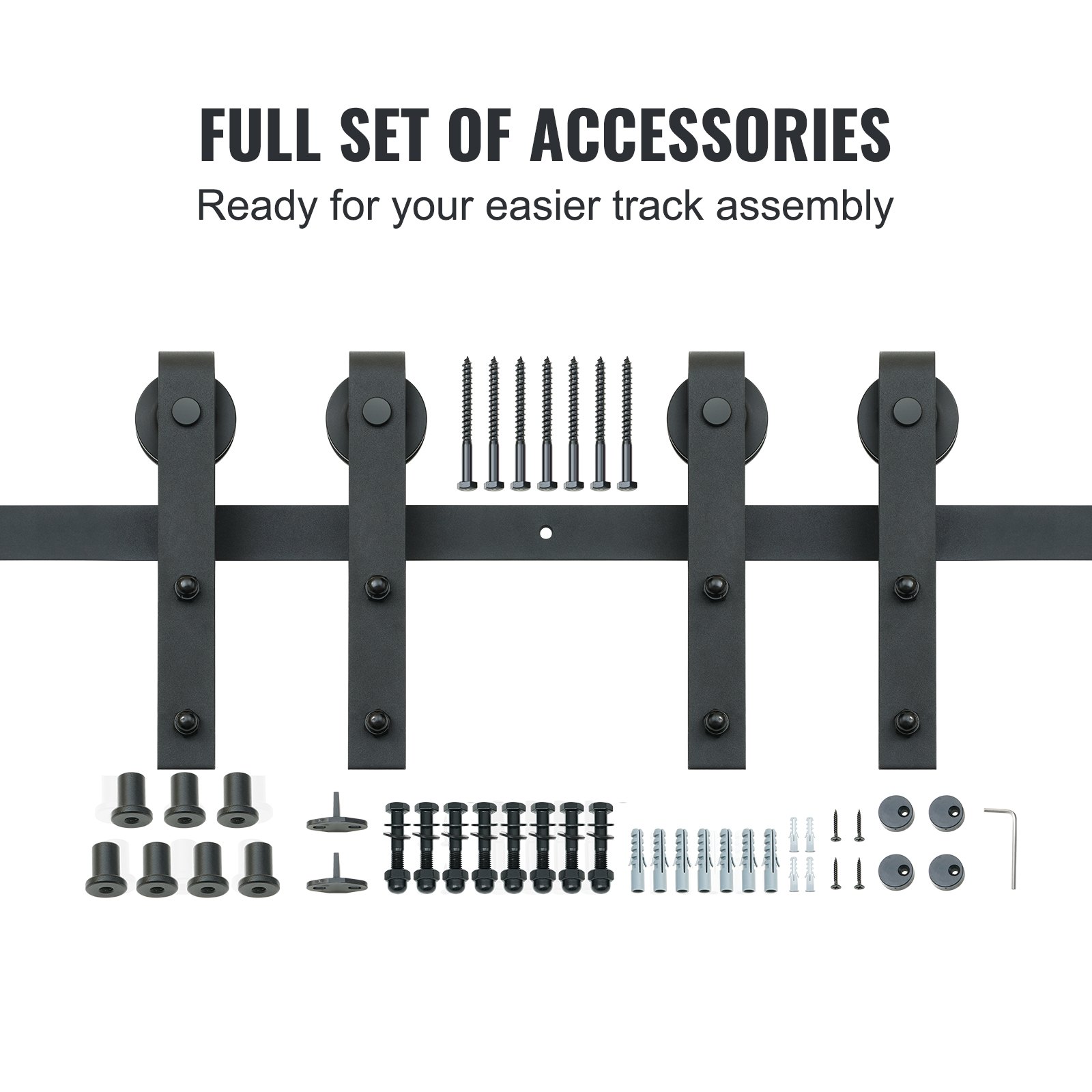 Kit de herrajes para puertas corredizas de granero VEVOR con conjunto completo de accesorios para un fácil montaje de rieles.