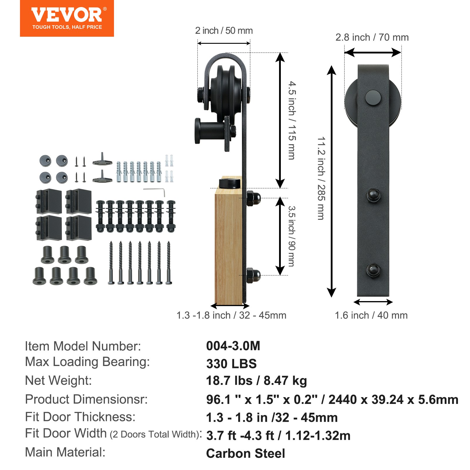 Componentes del kit de herrajes para puertas corredizas de granero VEVOR con medidas y especificaciones del producto.