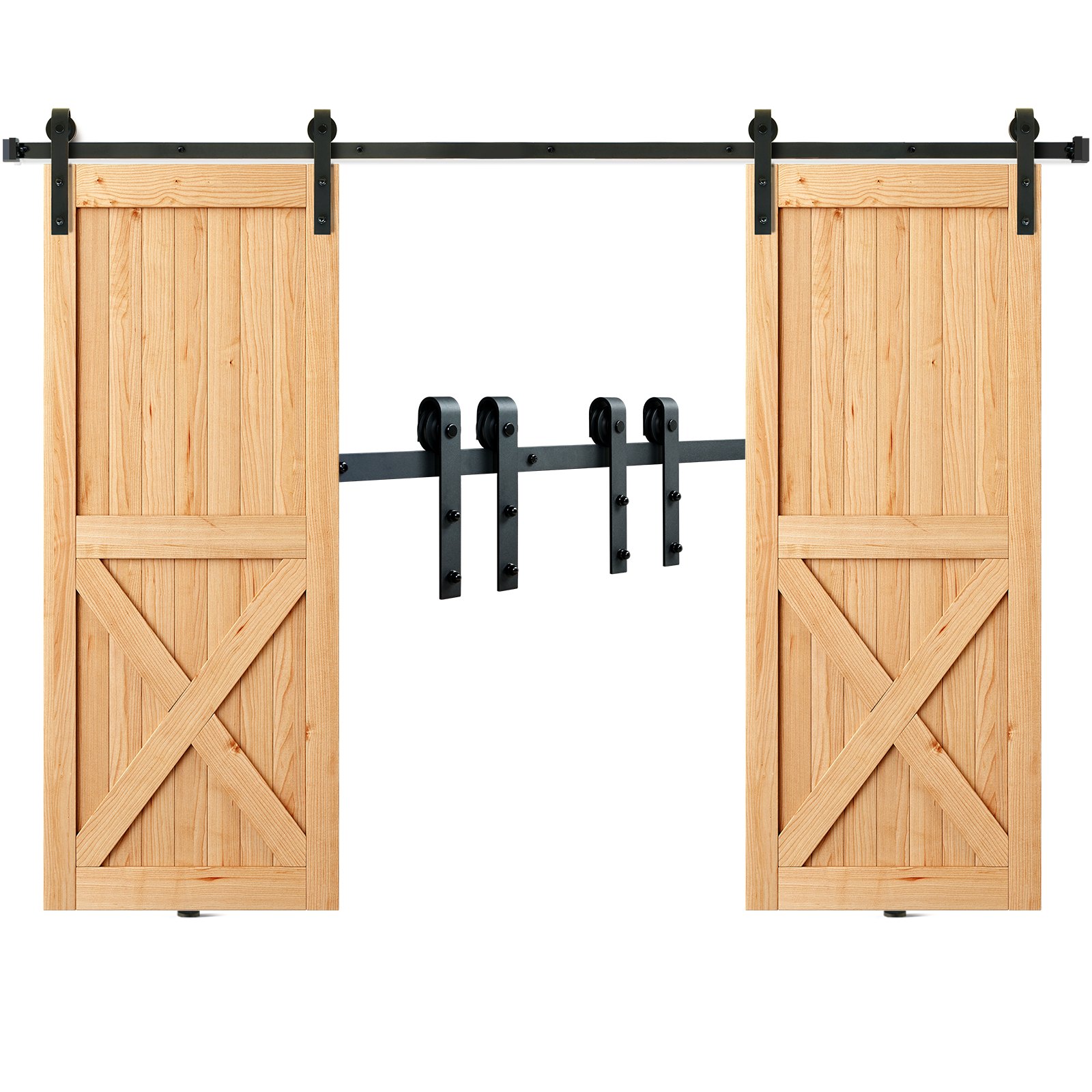 Kit de herrajes para puertas corredizas de granero VEVOR con puertas de madera sobre riel negro y diseño de tirantes en X.
