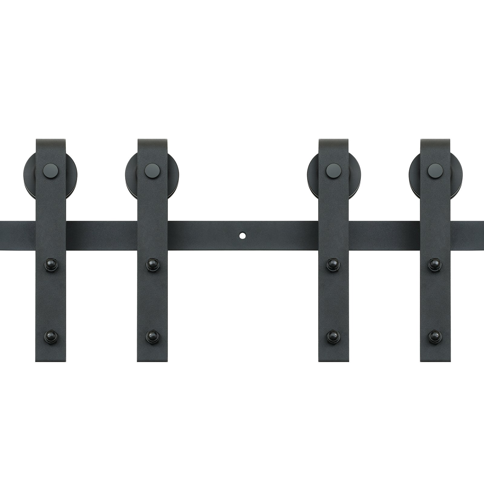 Kit de herrajes para puertas corredizas de granero VEVOR con cuatro rodillos negros resistentes y soportes en un riel horizontal.