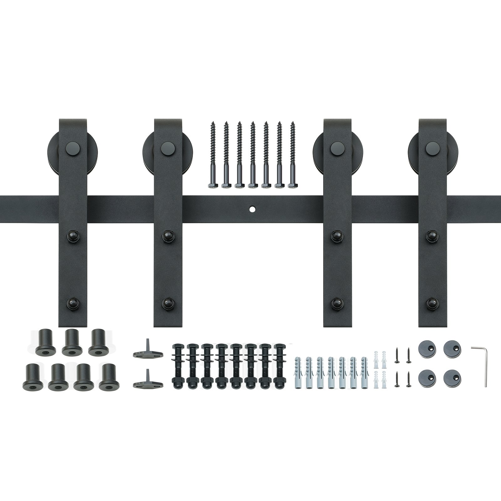 Kit de herrajes para puerta corrediza de granero VEVOR color negro con tornillos, pernos, arandelas y rodillos para puerta.