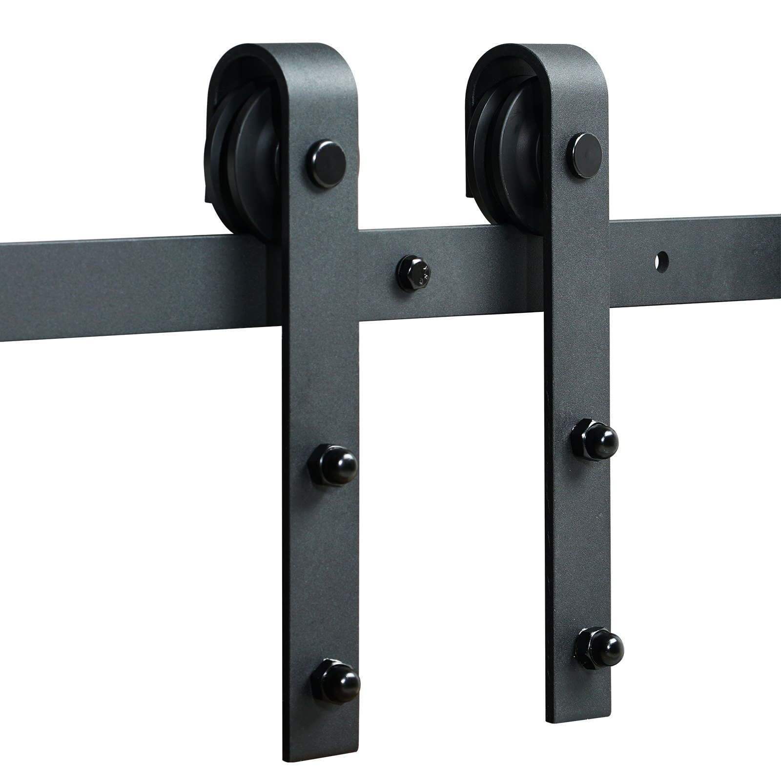 Kit de herrajes para puertas corredizas de granero VEVOR con rodillos y soportes de metal negro.