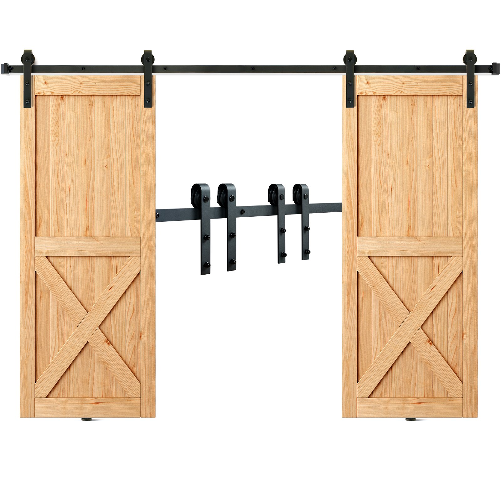 Puertas de madera con diseños en X sobre riel negro del kit de herrajes para puertas corredizas de granero VEVOR.