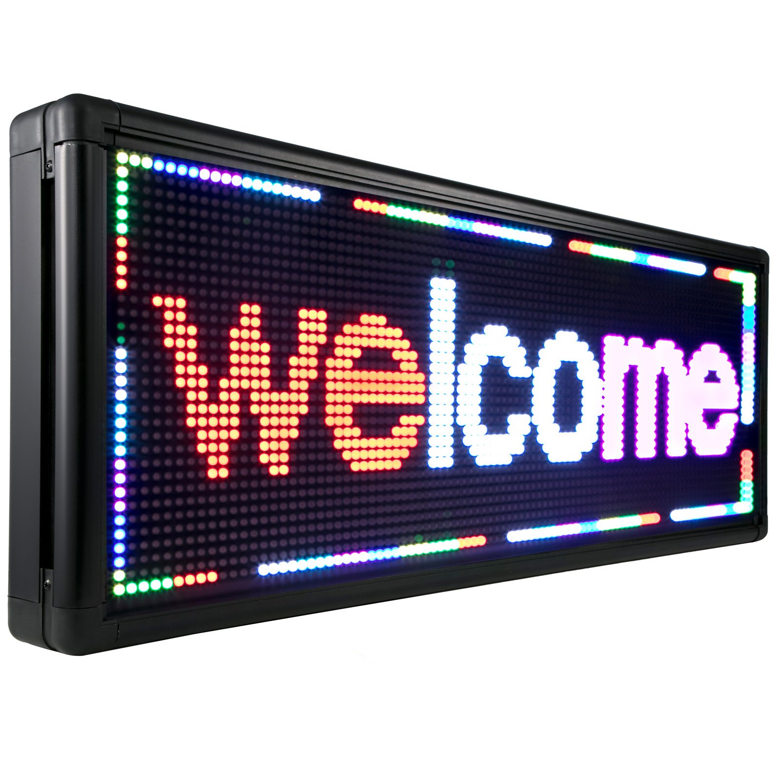 Letrero LED VEVOR que muestra &quot;bienvenido&quot; con luces vibrantes y coloridas.