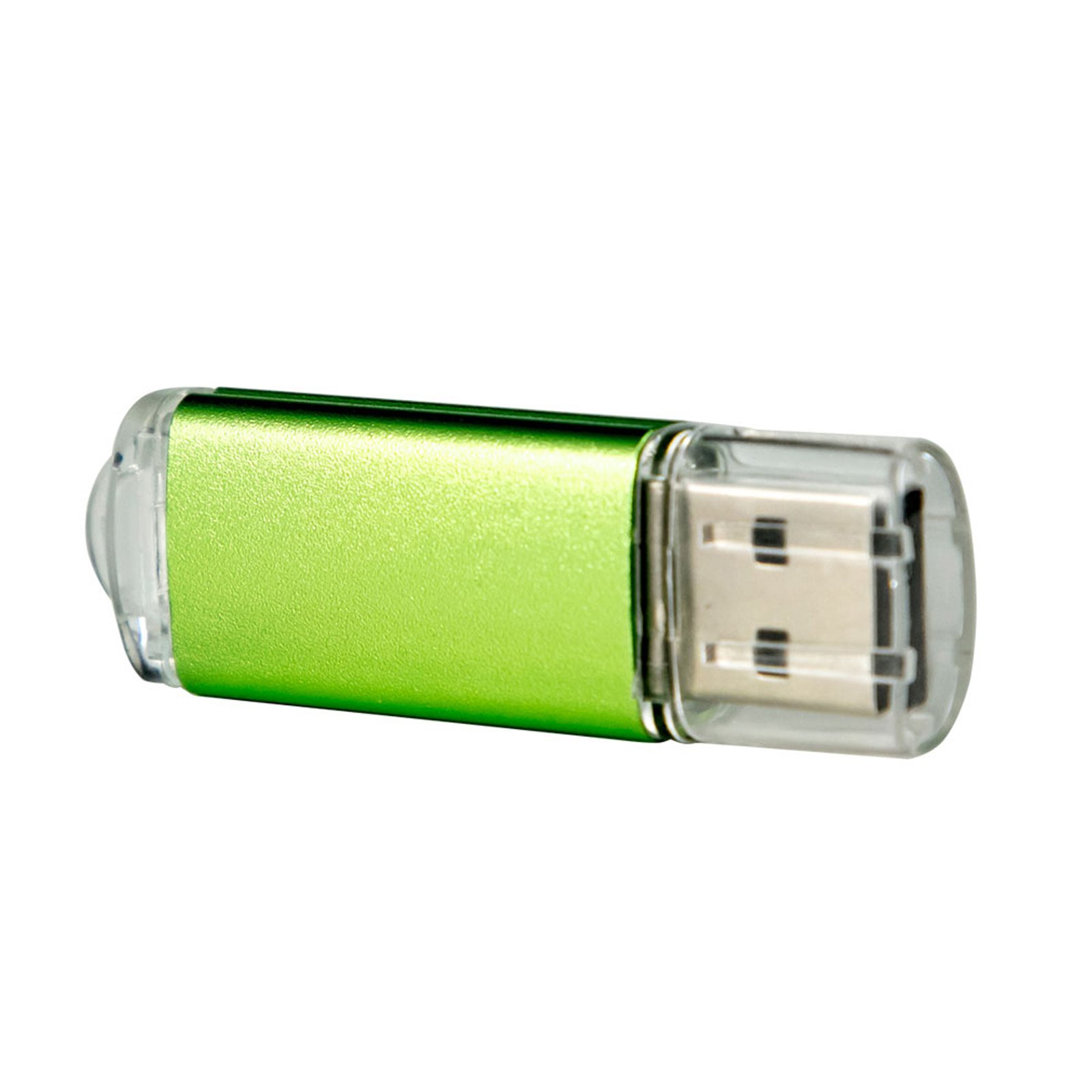 Unidad flash USB verde con tapa de plástico transparente sobre fondo blanco.