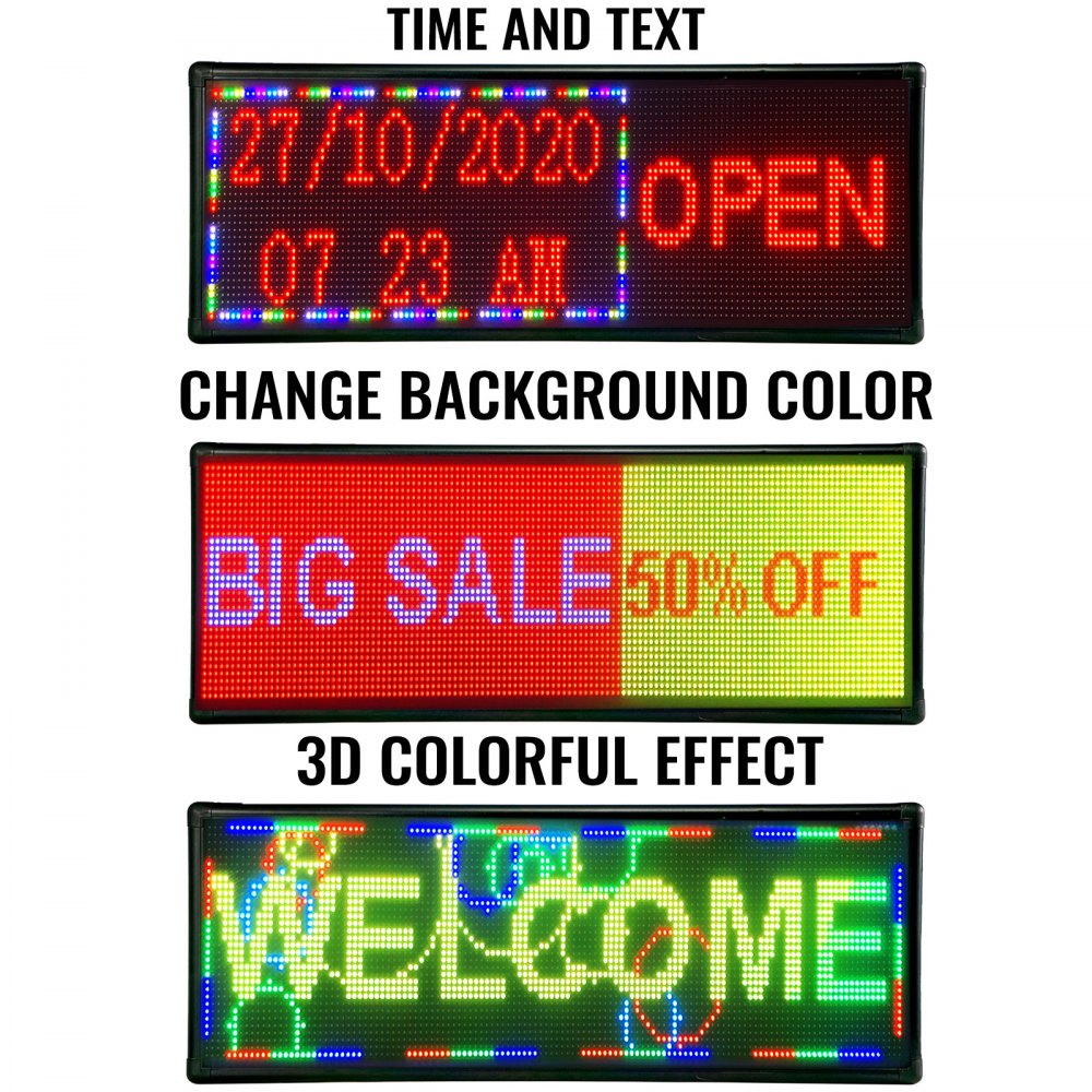 Letrero LED VEVOR que muestra la hora, apertura, gran oferta, 50 % de descuento y un texto de bienvenida colorido.
