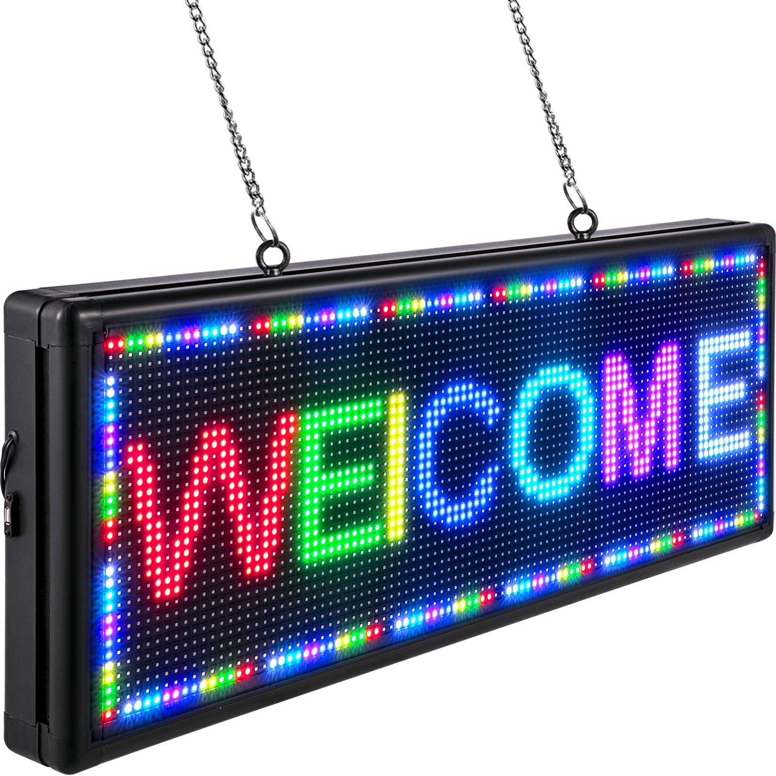 Letrero LED VEVOR que muestra &quot;bienvenido&quot; en luces multicolores vibrantes con cadenas para colgar.