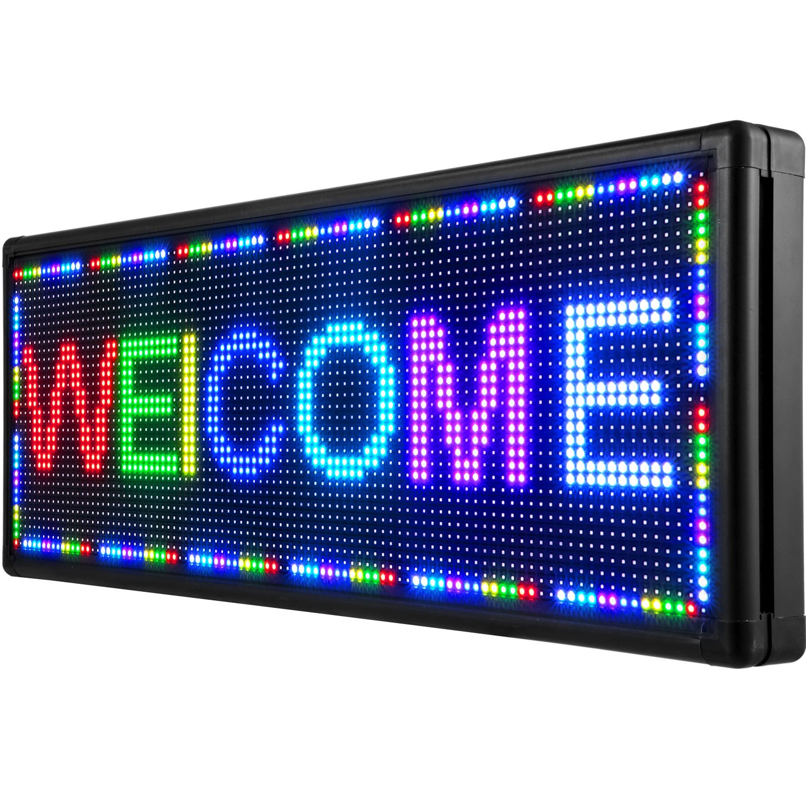 Letrero LED VEVOR brillante que muestra &quot;bienvenido&quot; en letras coloridas con un marco negro.