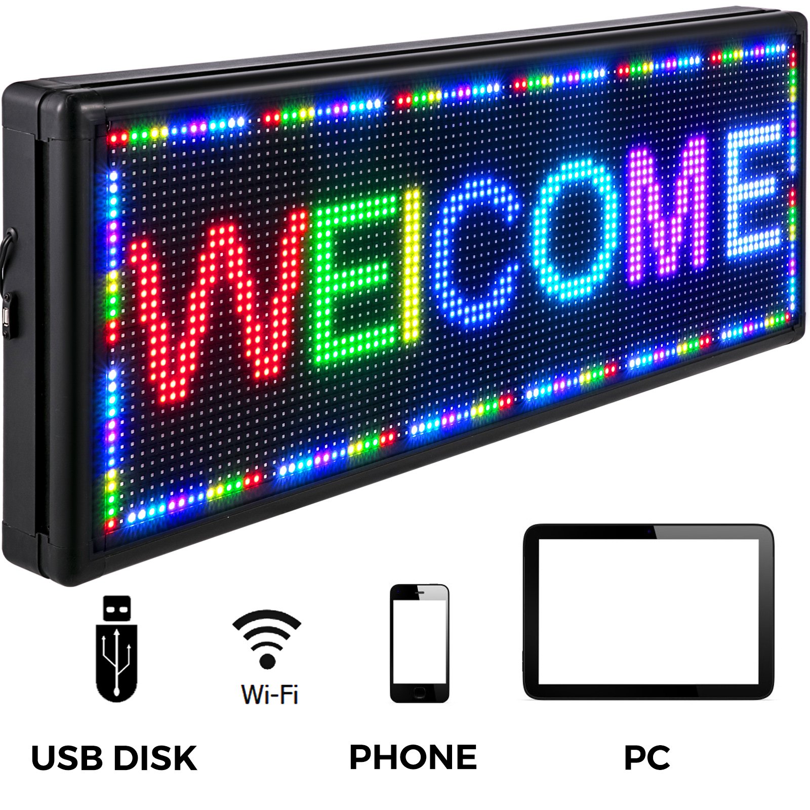Letrero LED VEVOR que muestra &quot;bienvenido&quot; en texto multicolor con íconos de USB, Wi-Fi, teléfono y PC.