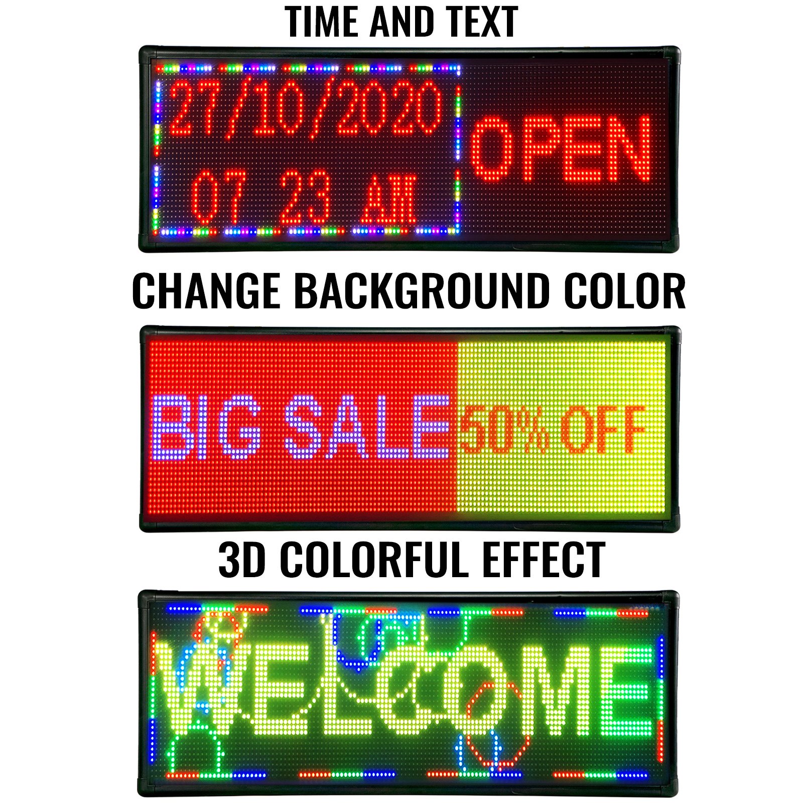 Letrero LED VEVOR que muestra la hora, apertura, gran oferta, 50 % de descuento y un texto de bienvenida colorido.