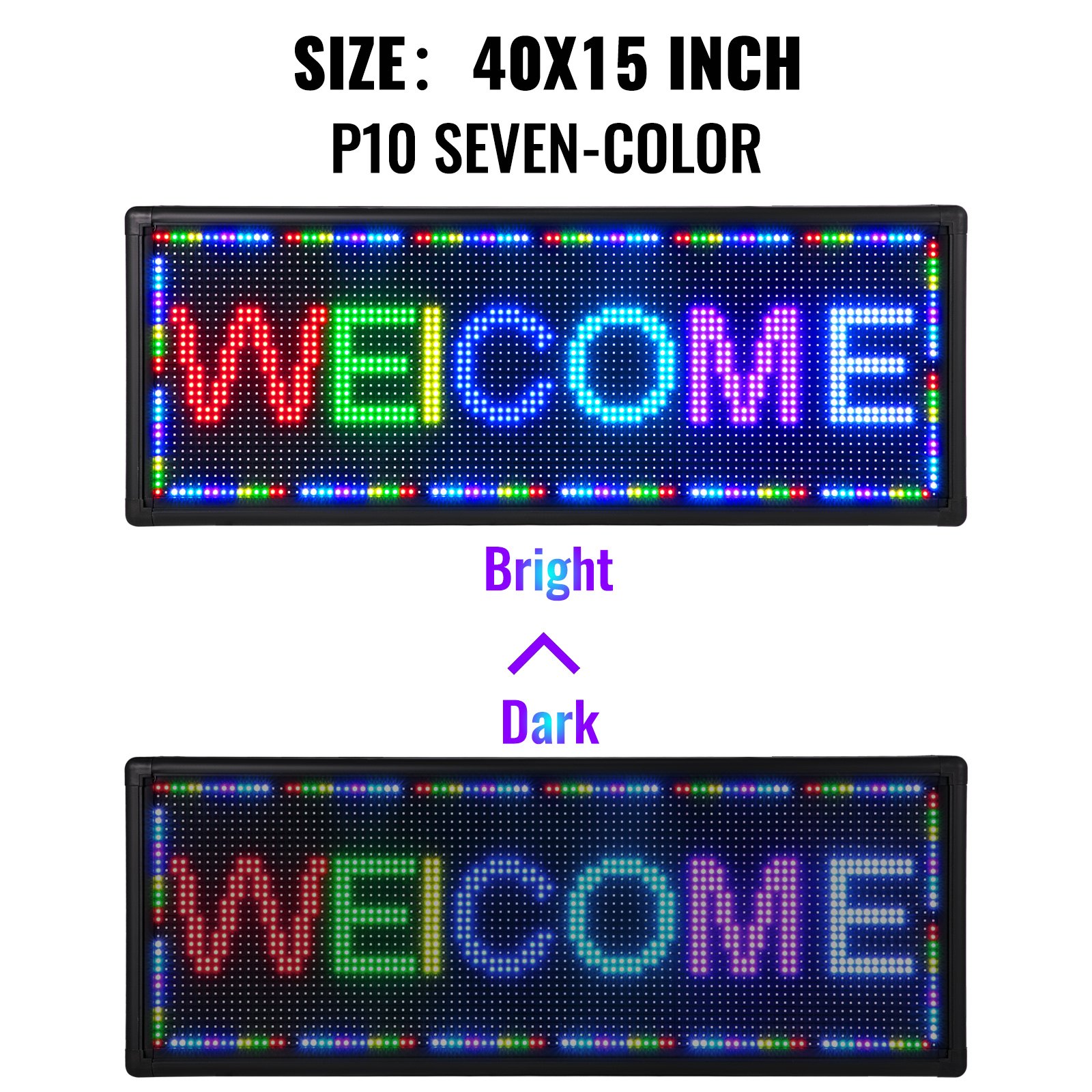 Letrero LED VEVOR, 40 x 15 pulgadas, pantalla de siete colores p10 con modo brillante y oscuro.