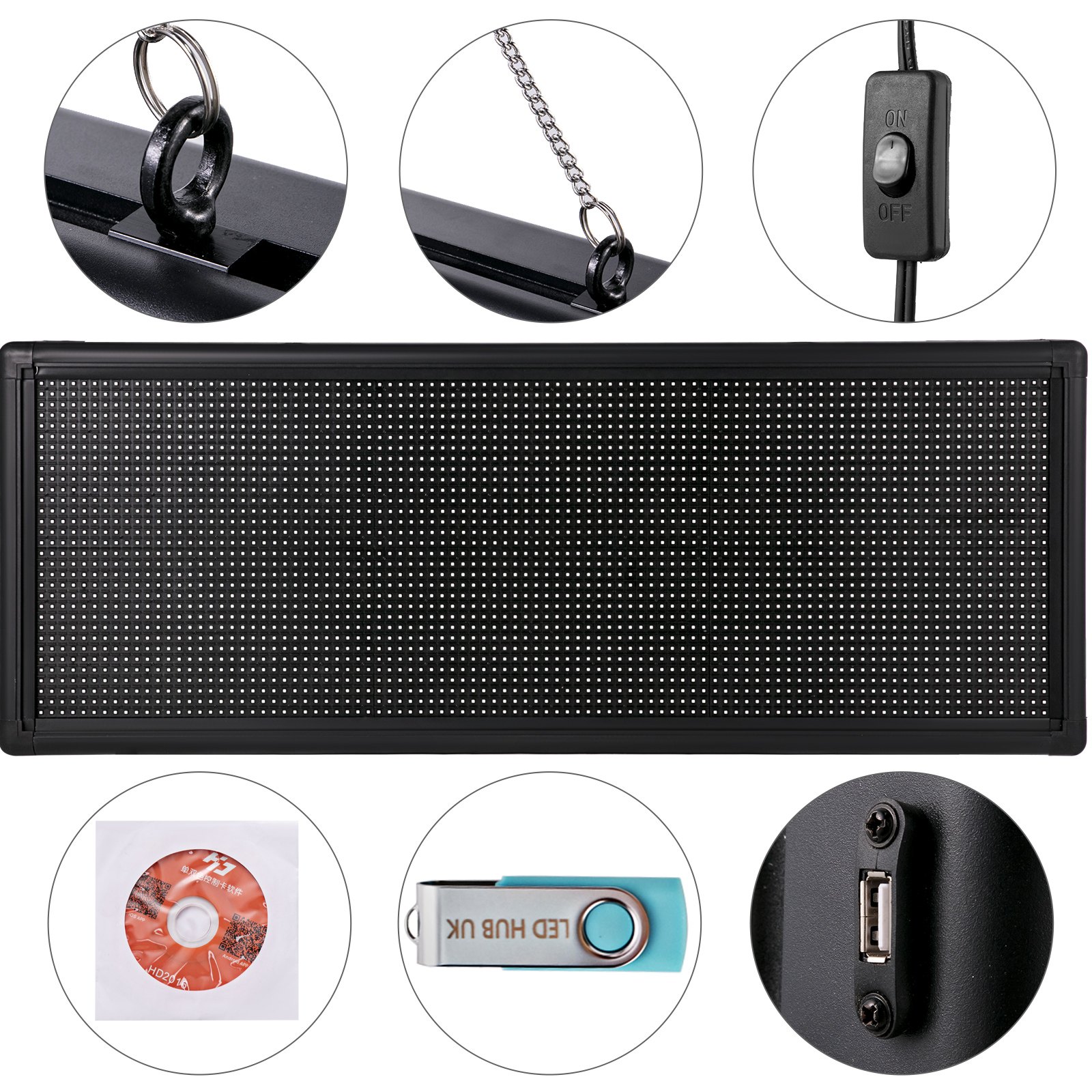 Letrero LED VEVOR con cadena para colgar, puerto USB, interruptor de encendido/apagado y software de CD incluido.