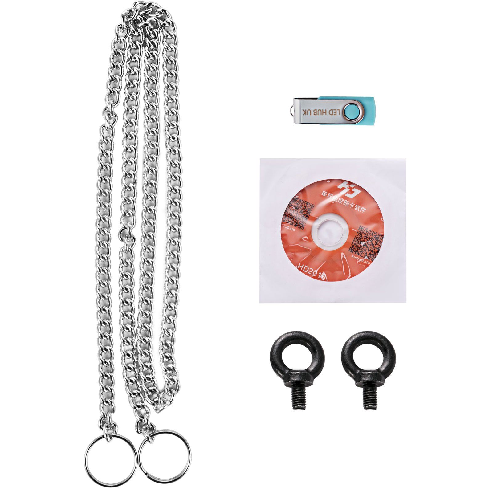 Kit de instalación de letrero LED VEVOR con cadenas, unidad USB, CD de software y pernos de montaje.