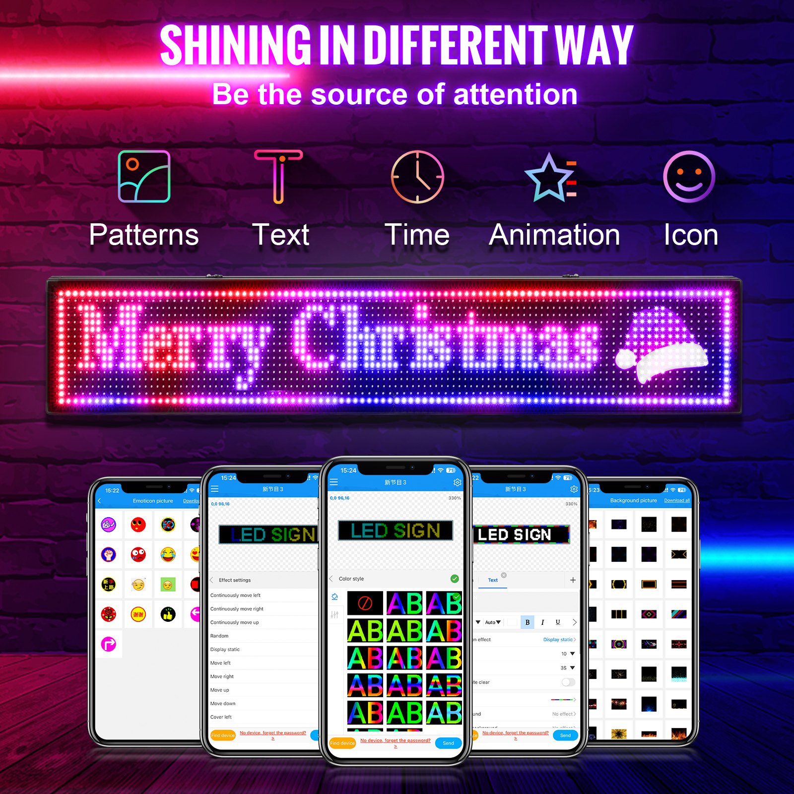 Letrero LED VEVOR que muestra &quot;Feliz Navidad&quot; con opciones de personalización en teléfonos inteligentes.