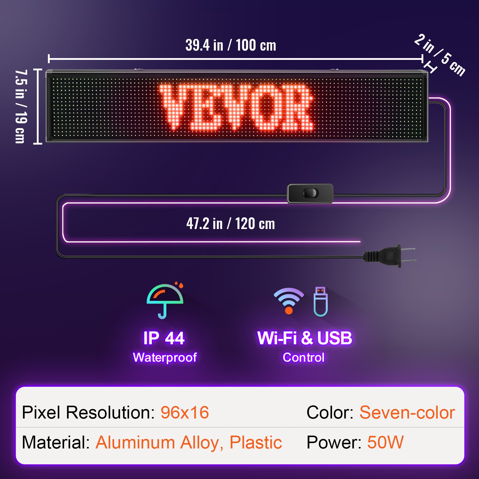 Letrero LED VEVOR con control wifi y usb, resistente al agua, resolución de 96 x 16 píxeles