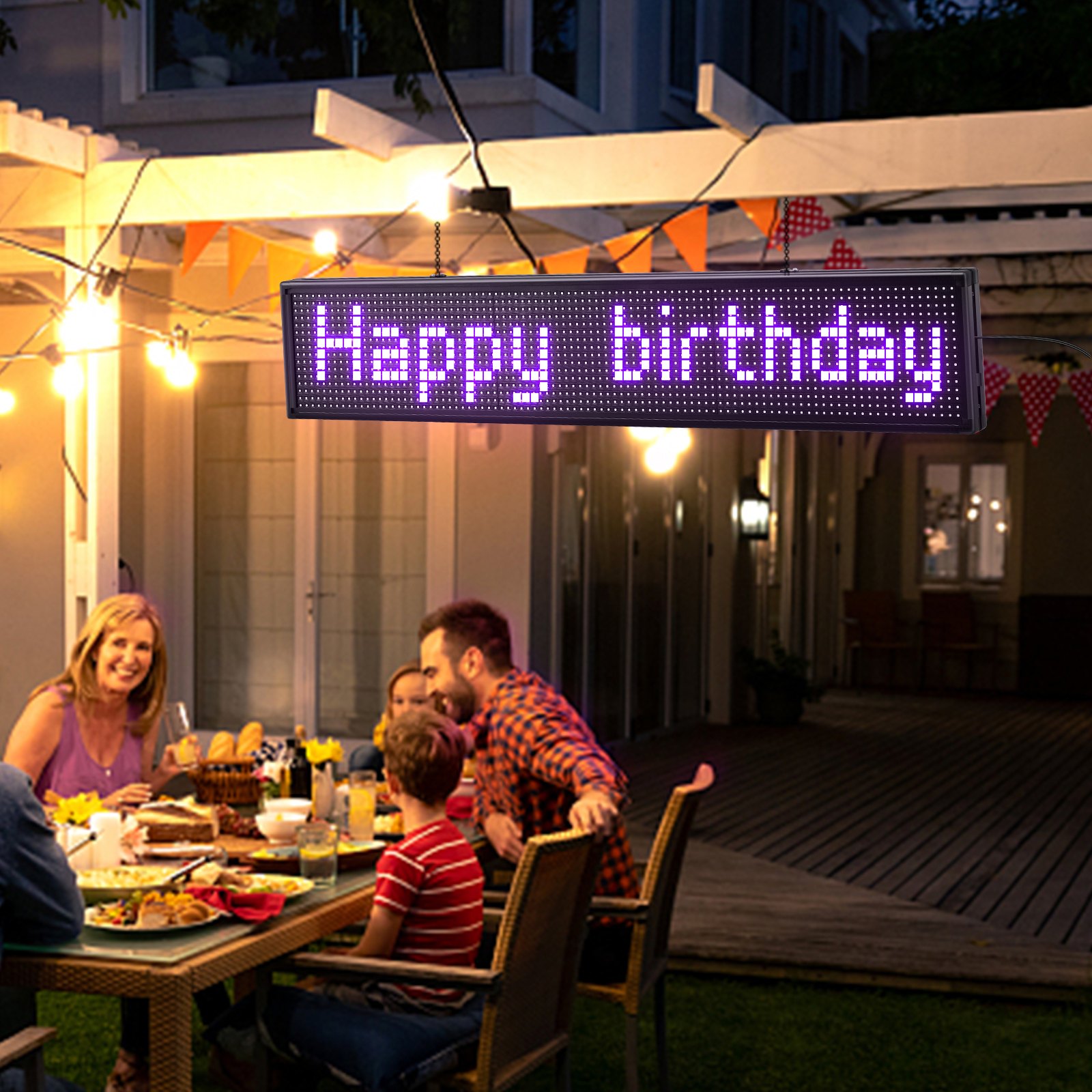 Reunión al aire libre con letrero LED VEVOR que muestra &quot;Feliz cumpleaños&quot;.