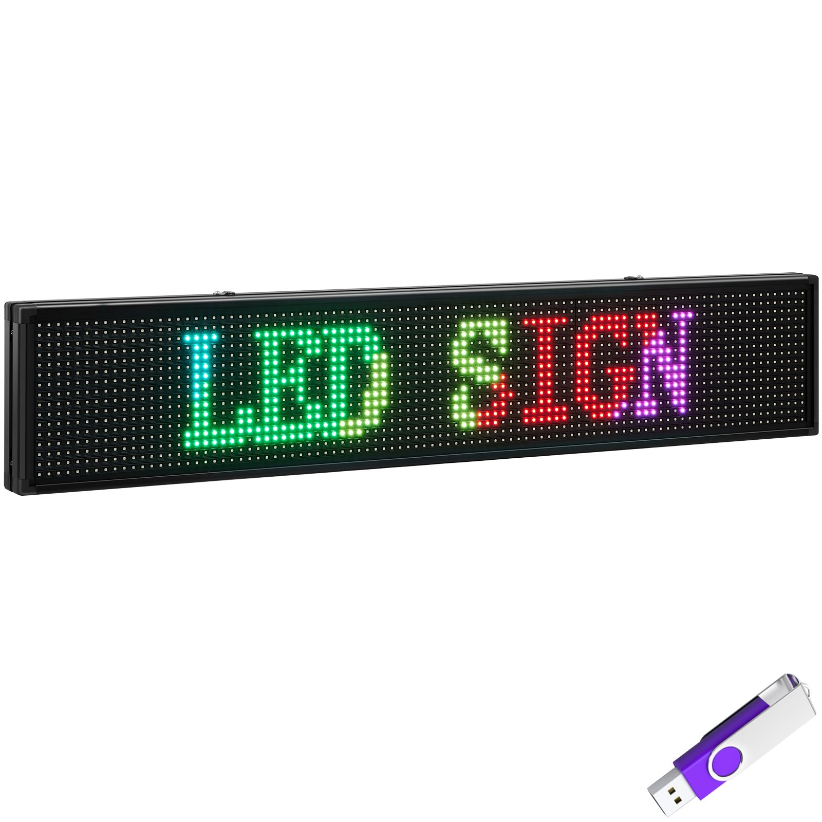 Letrero LED VEVOR que muestra texto colorido con una memoria USB cerca.