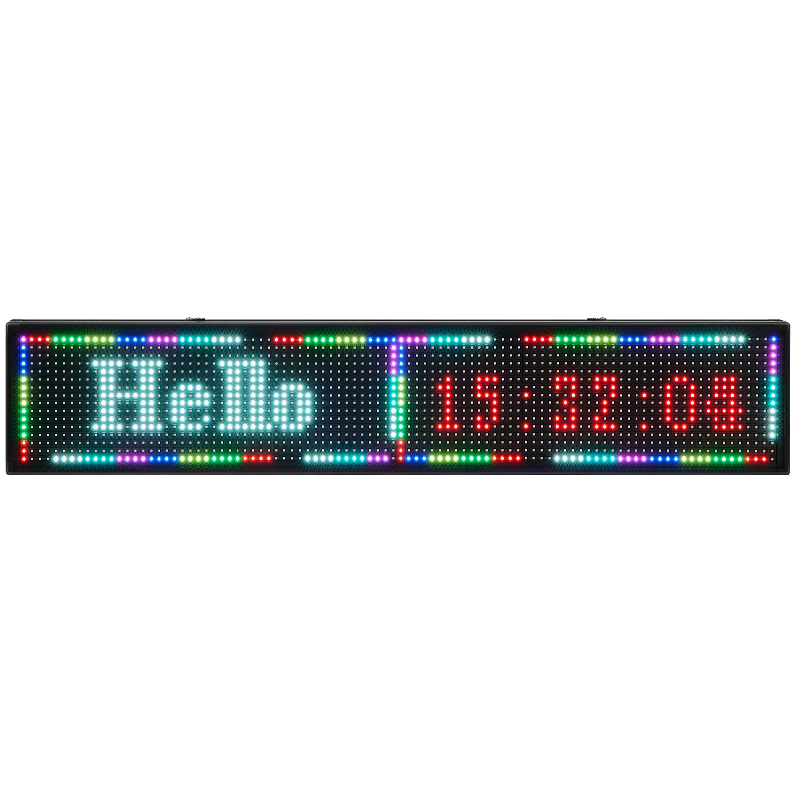 Letrero LED VEVOR que muestra &quot;hola&quot; y la hora en LED de colores.