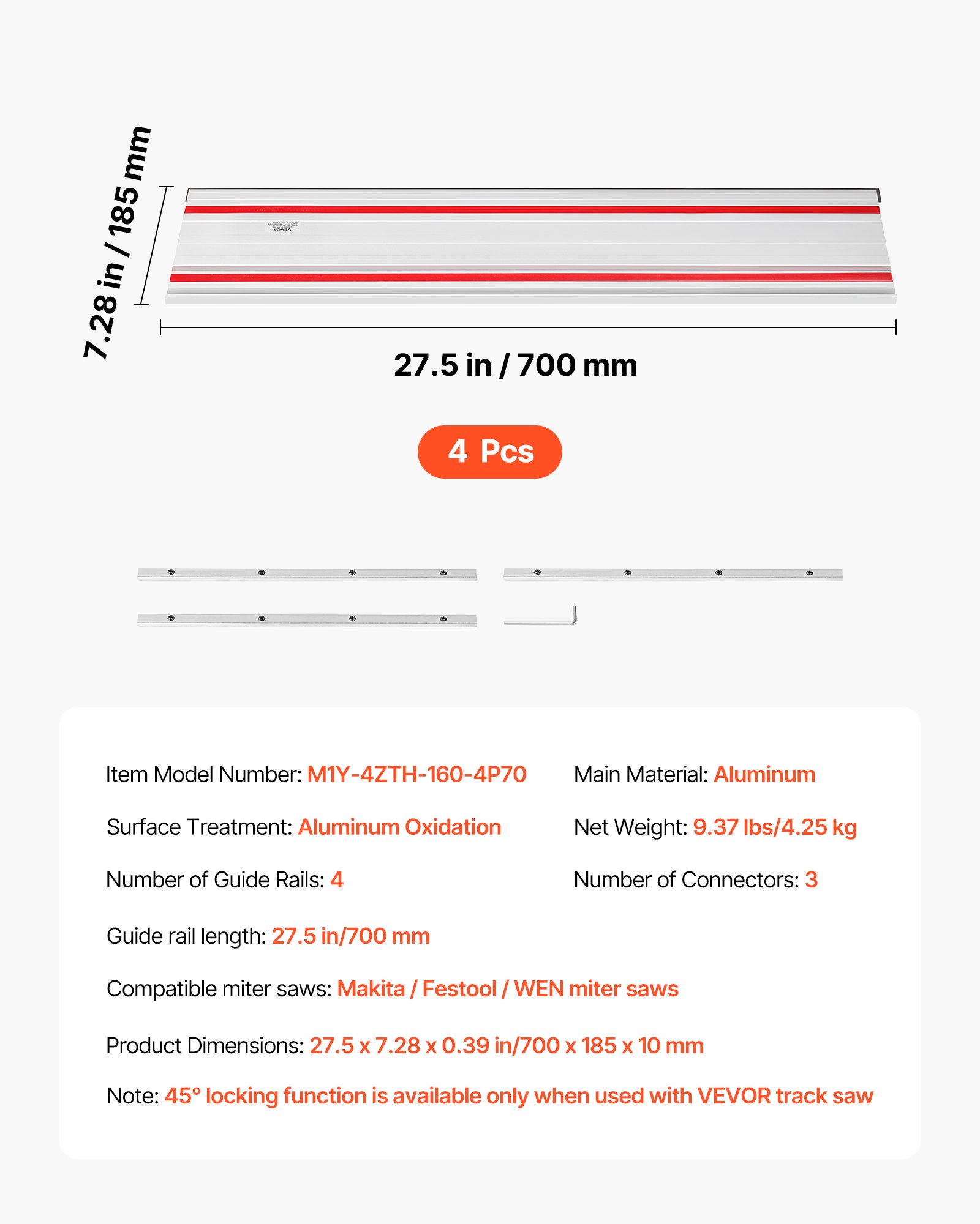 Riel guía para sierra de mesa VEVOR, rango de corte de 110 pulgadas, incluye 4 rieles guía de aluminio extruido de 27,5 pulgadas y 3 conectores, compatible con sierras de mesa Makita, Festool y WEN, para proyectos de carpintería.