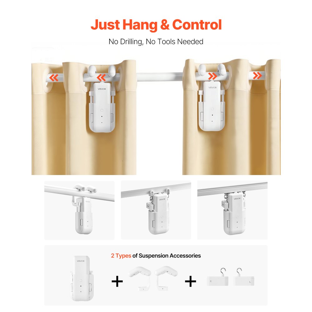 Abridor automático de cortinas VEVOR, paquete de 2, control por aplicación y control remoto, concentrador incluido, abridor de cortinas eléctrico inteligente compatible con Alexa y Google Home, apertura y cierre temporizados, para barras romanas y rieles U/I.