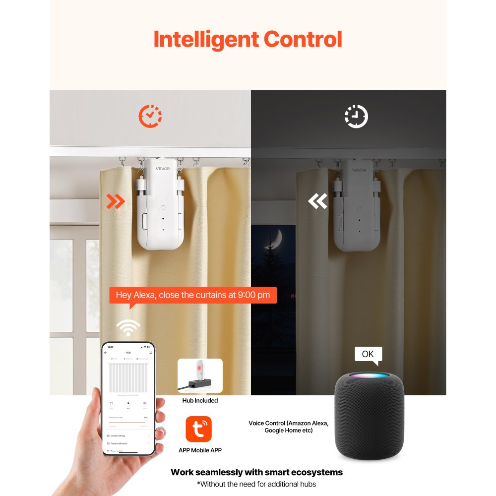 Abridor automático de cortinas VEVOR, paquete de 2, control por aplicación y control remoto, concentrador incluido, abridor de cortinas eléctrico inteligente compatible con Alexa y Google Home, apertura y cierre temporizados, para barras romanas y rieles U/I.