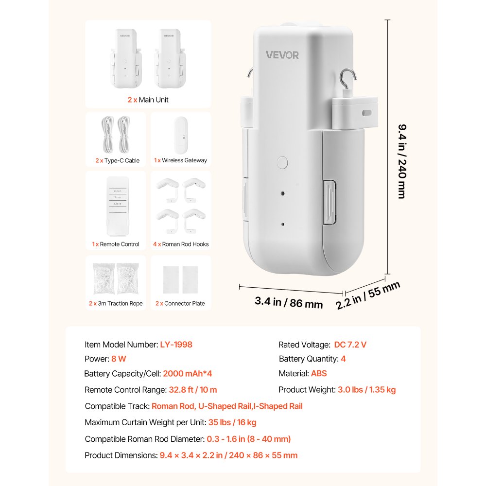 Abridor automático de cortinas VEVOR, paquete de 2, control por aplicación y control remoto, concentrador incluido, abridor de cortinas eléctrico inteligente compatible con Alexa y Google Home, apertura y cierre temporizados, para barras romanas y rieles U/I.