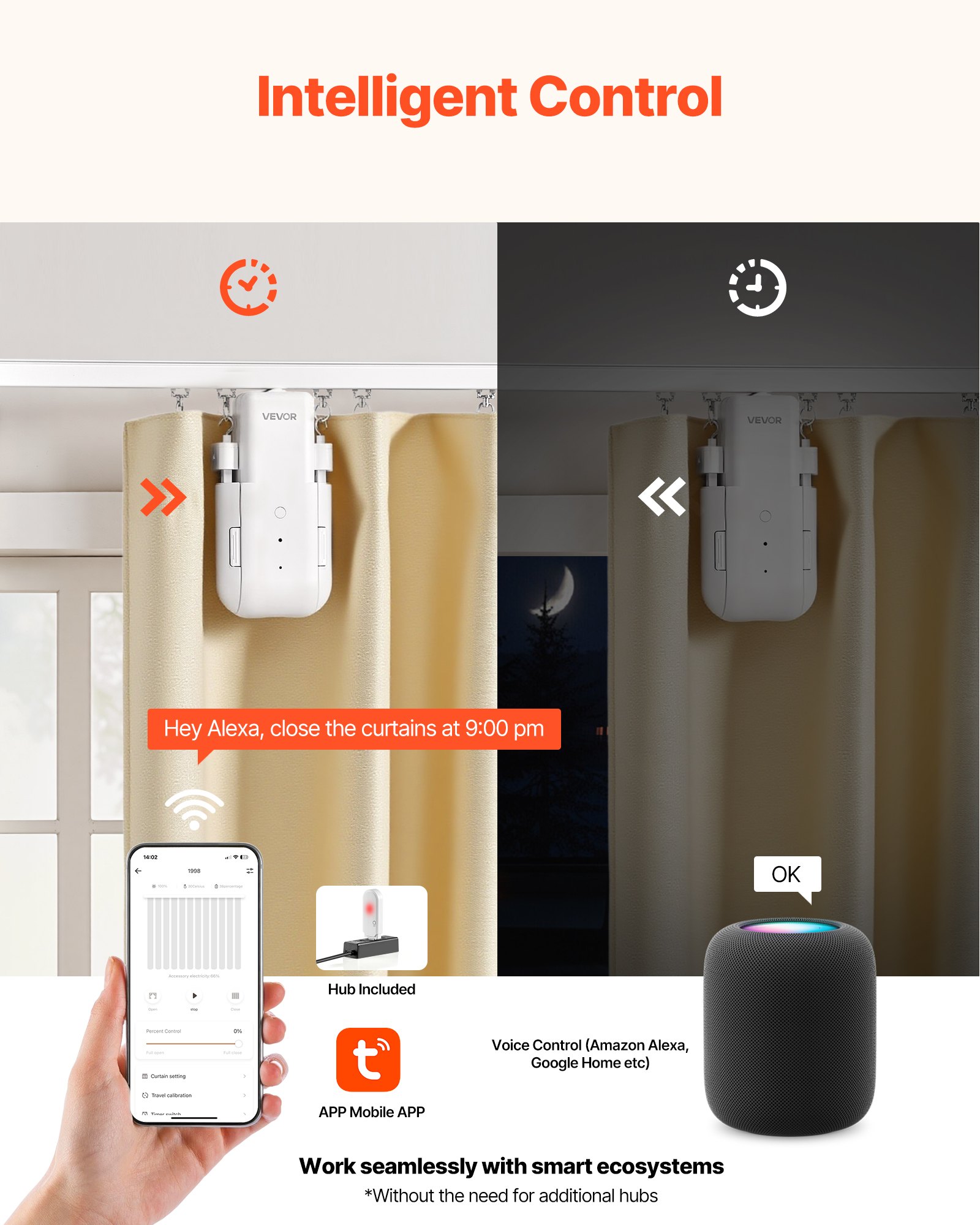 Abridor automático de cortinas VEVOR, paquete de 2, control por aplicación y control remoto, concentrador incluido, abridor de cortinas eléctrico inteligente compatible con Alexa y Google Home, apertura y cierre temporizados, para barras romanas y rieles U/I.