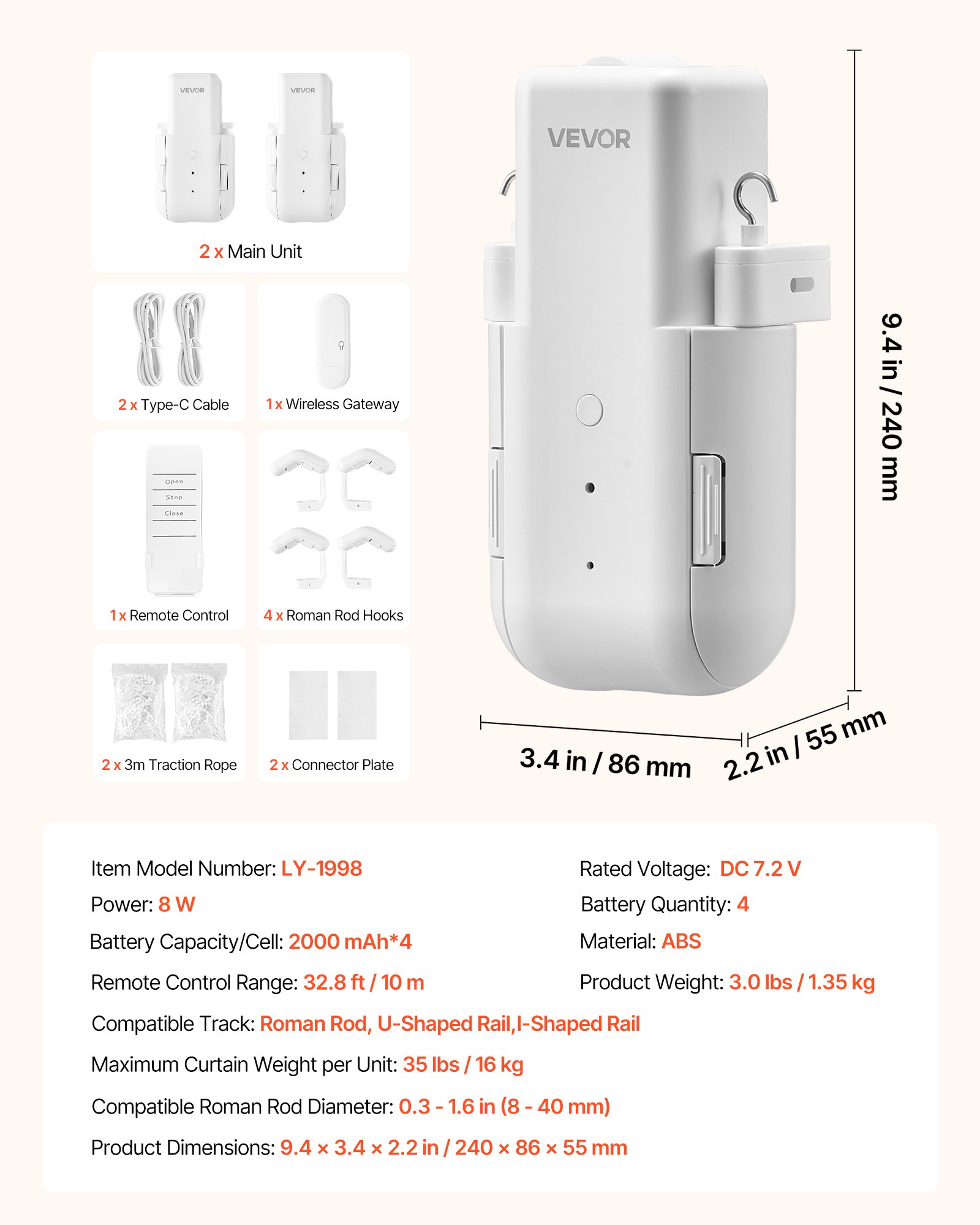 Abridor automático de cortinas VEVOR, paquete de 2, control por aplicación y control remoto, concentrador incluido, abridor de cortinas eléctrico inteligente compatible con Alexa y Google Home, apertura y cierre temporizados, para barras romanas y rieles U/I.