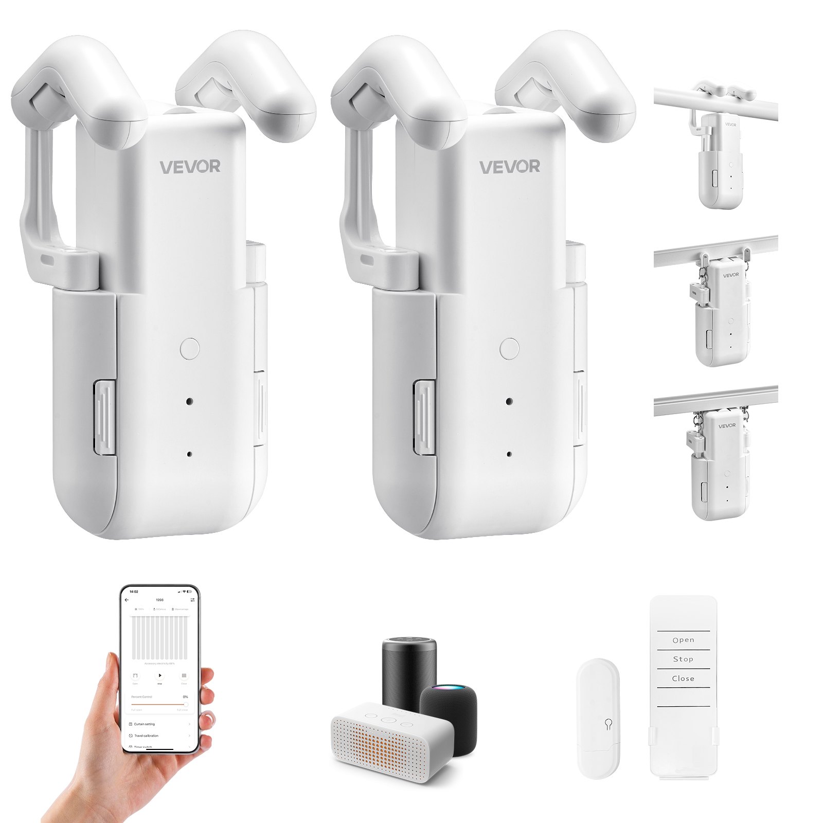 Abridor automático de cortinas VEVOR, paquete de 2, control por aplicación y control remoto, concentrador incluido, abridor de cortinas eléctrico inteligente compatible con Alexa y Google Home, apertura y cierre temporizados, para barras romanas y rieles U/I.