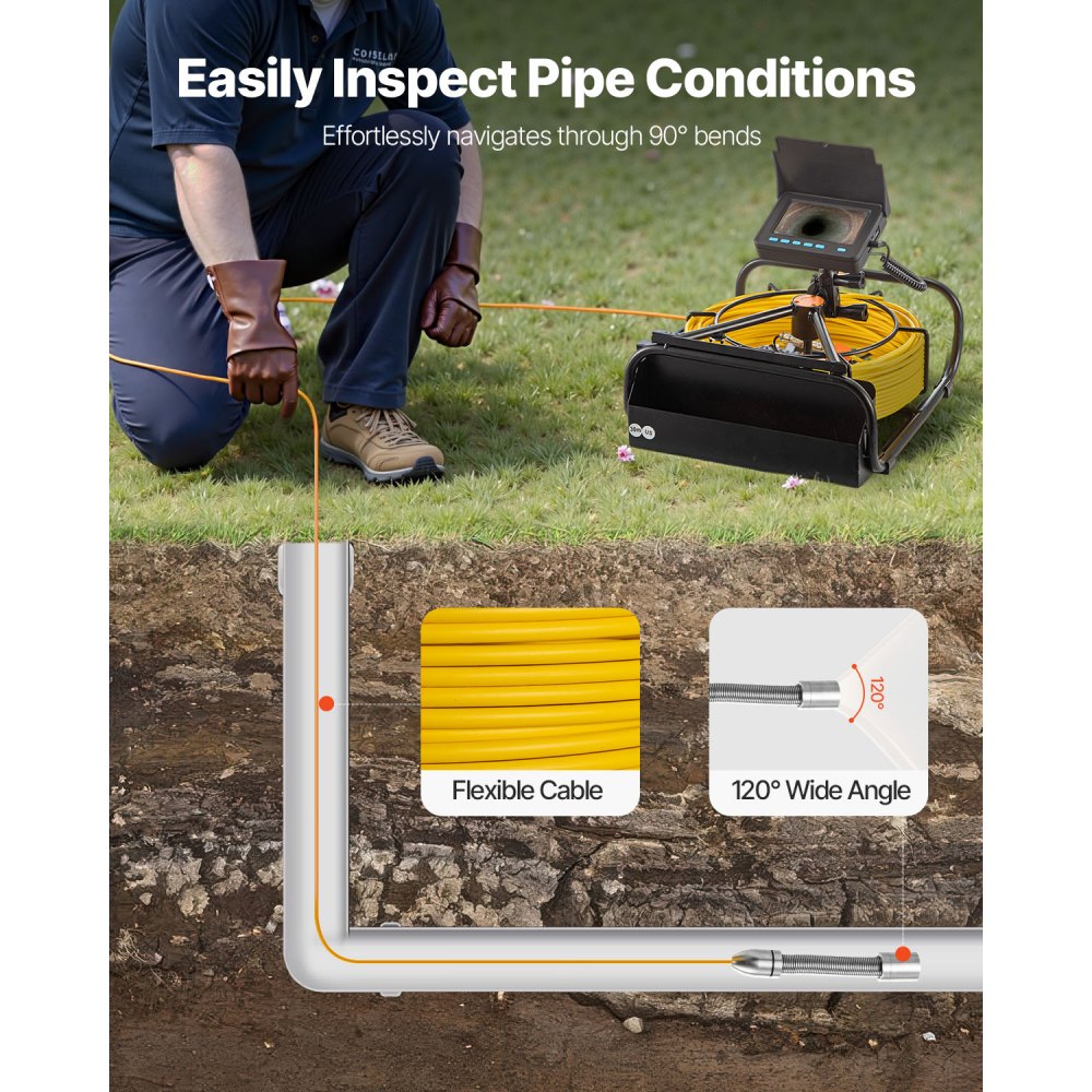 Cámara de alcantarillado VEVOR, cámara de inspección de drenaje de tuberías de 50 m (164 pies) y 4,3 pulgadas con función DVR y cable de serpiente, boroscopio impermeable IP68 con luces LED, endoscopio industrial para tuberías de drenaje de conductos de pared del hogar.